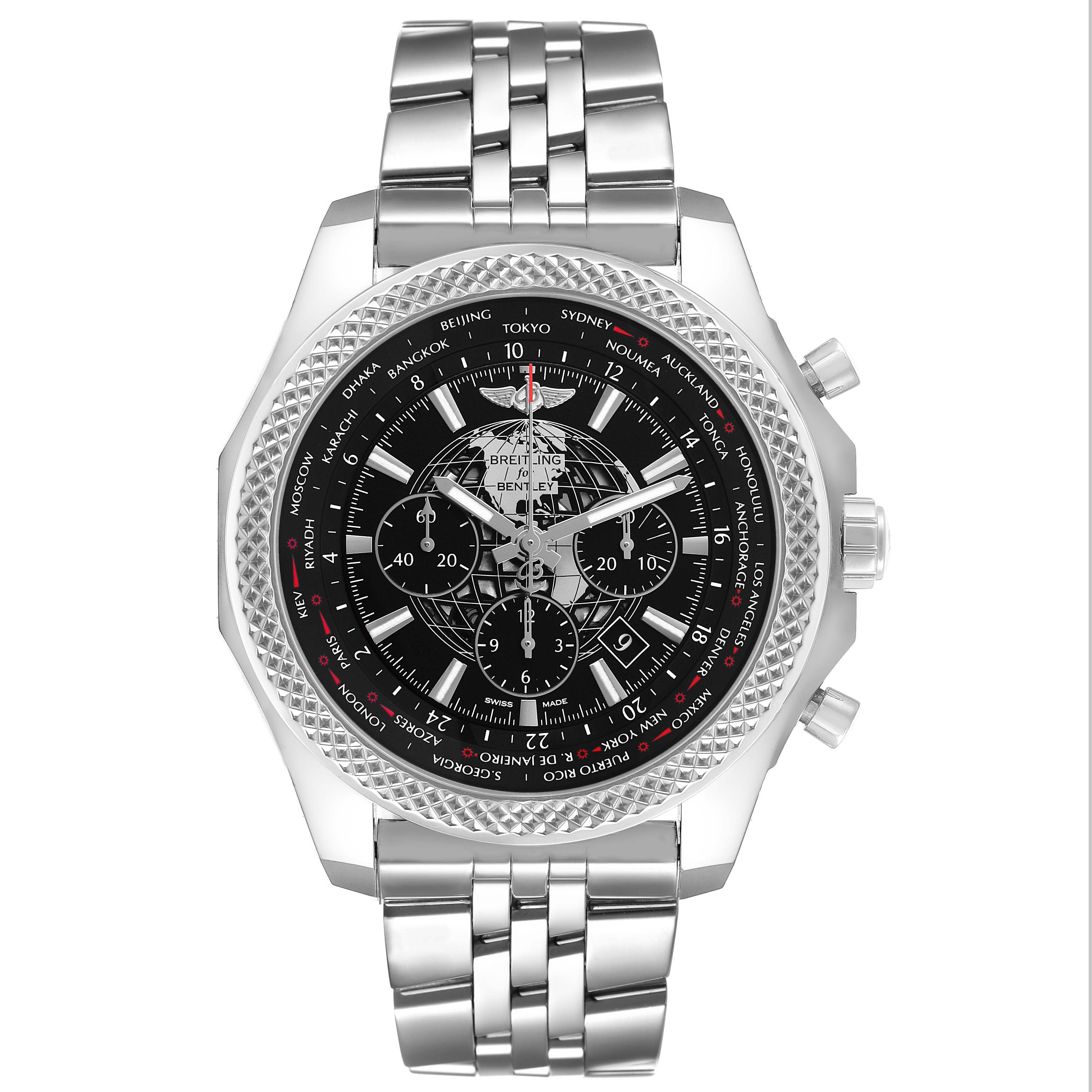 The Breitling Bentley AB0521 Men's Stainless Steel Black Dial watch is shown from the front, highlighting its dial, bezel, and stainless steel bracelet.