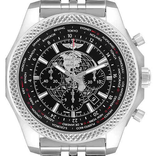 The image shows a front view of a Breitling Bentley AB0521 Mens Stainless Steel Black Dial watch, featuring a textured bezel and multiple subdials on a black dial.