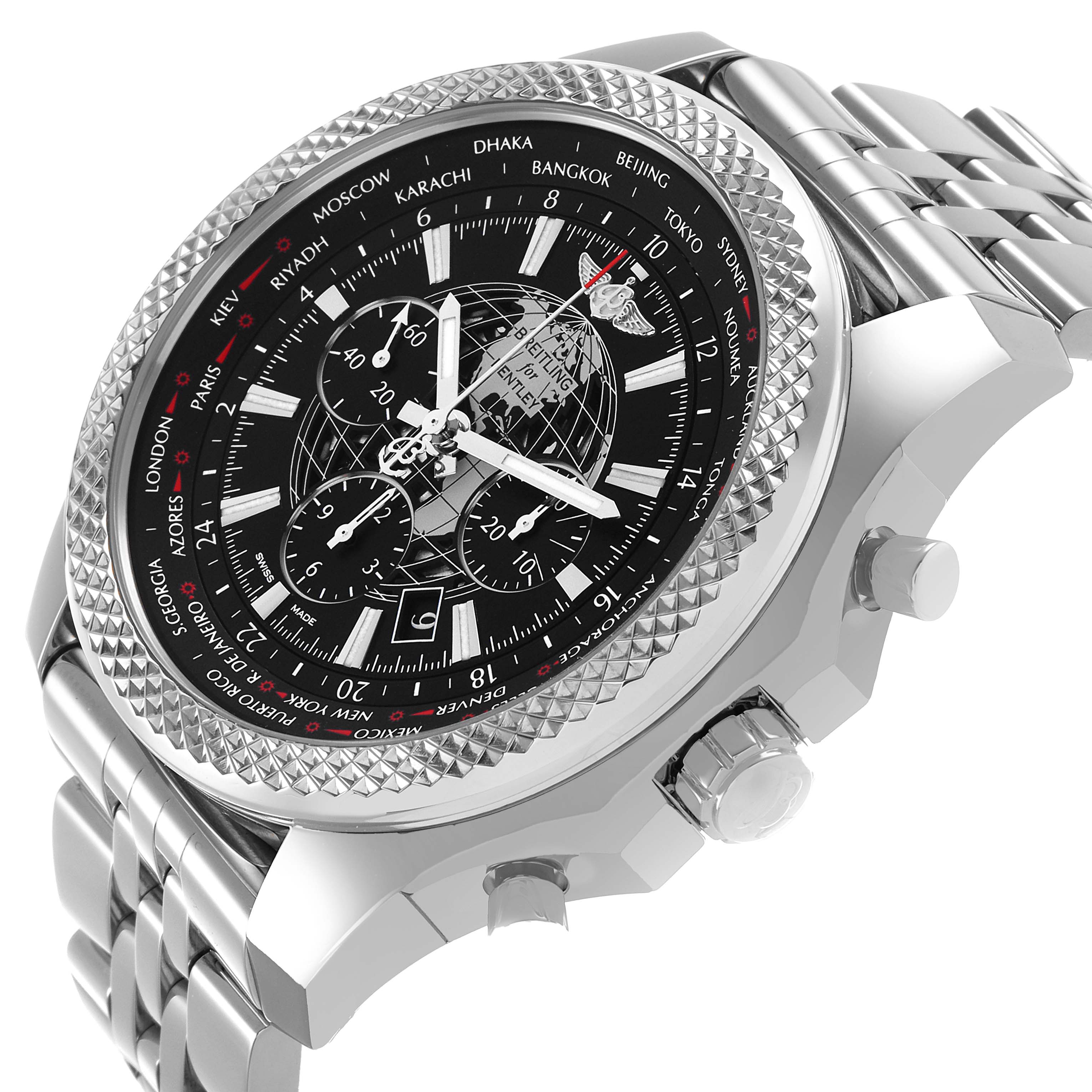The Breitling Bentley AB0521 Men's Stainless Steel Black Dial watch is shown at a 3/4 angle, highlighting the detailed face and metal bracelet links.