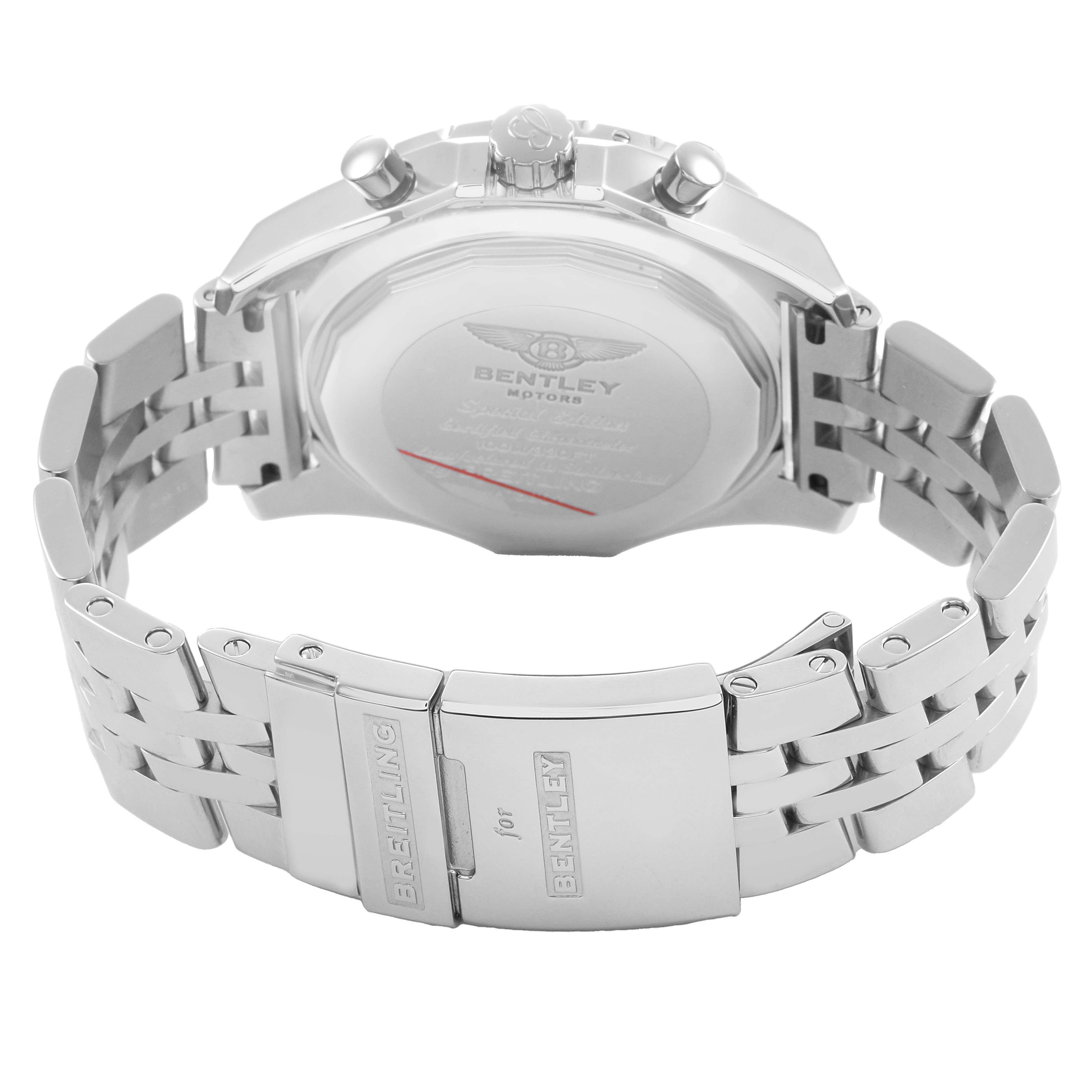 The image shows the back and clasp of the Bentley model by Breitling, highlighting the bracelet and engraved case back.