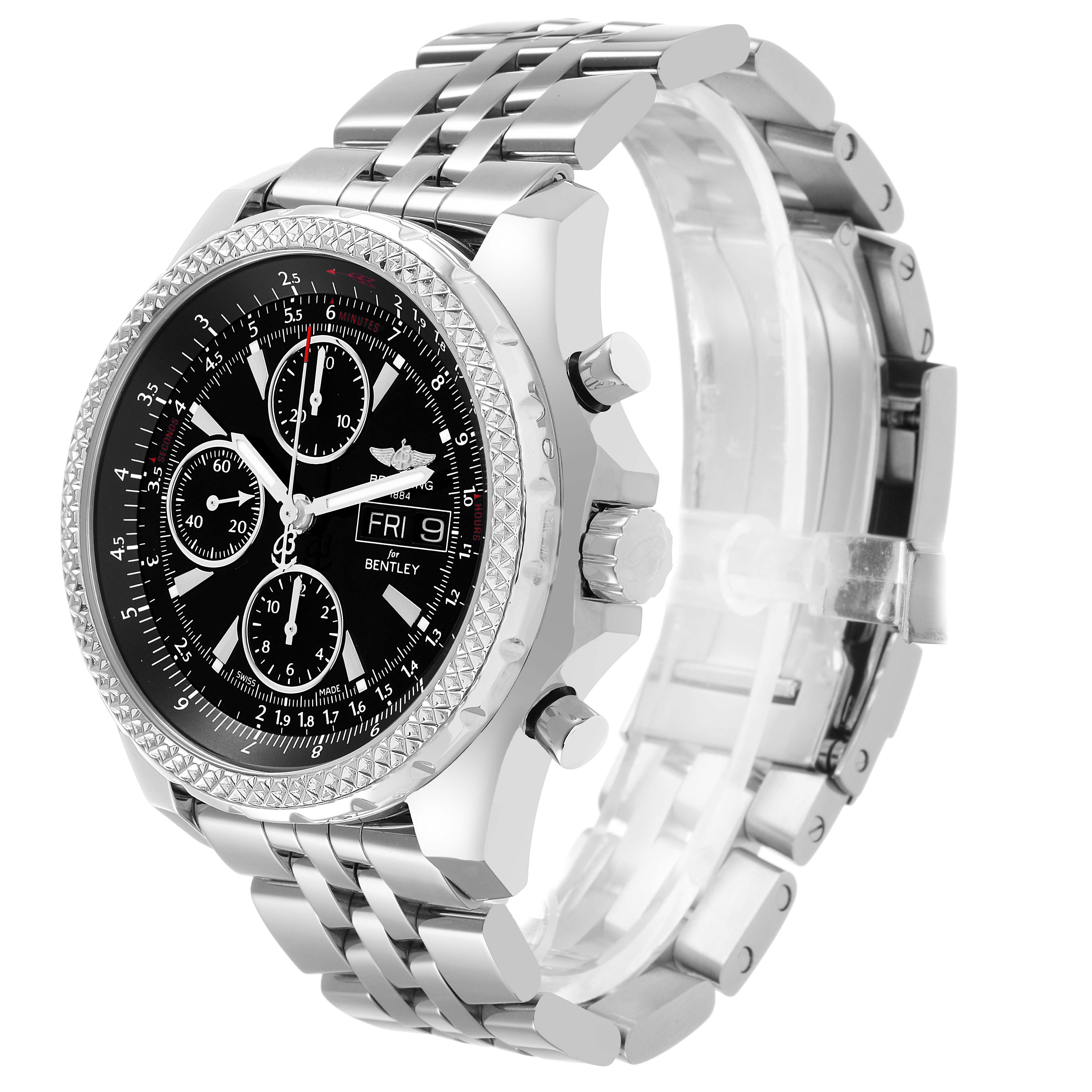 The Breitling Bentley A13362 Men's Stainless Steel Black Dial watch is shown at a slight angle, highlighting the face, bezel, and silver bracelet.
