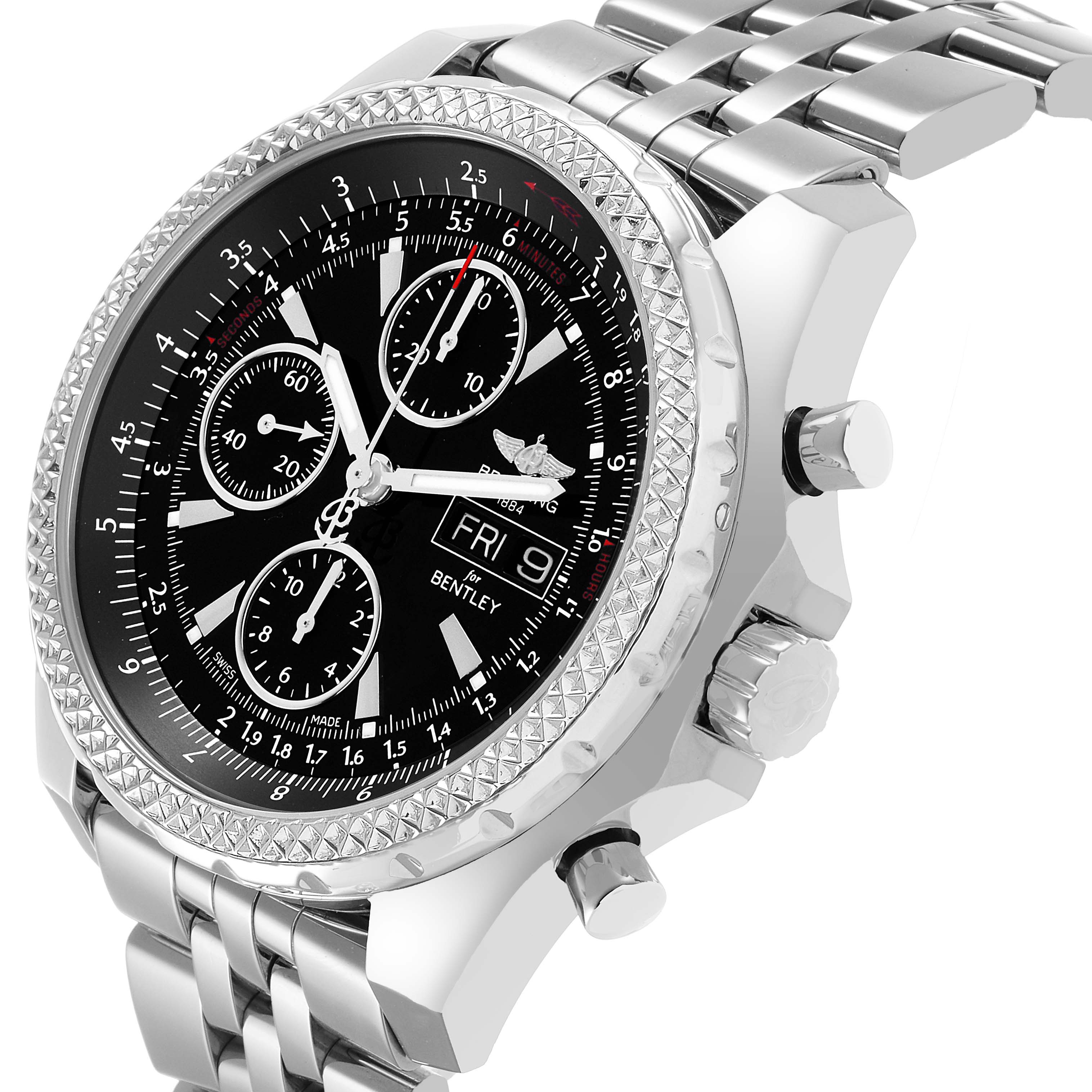 The Bentley model by Breitling is shown at an angled side view, highlighting the bezel, dial, pushers, and bracelet.