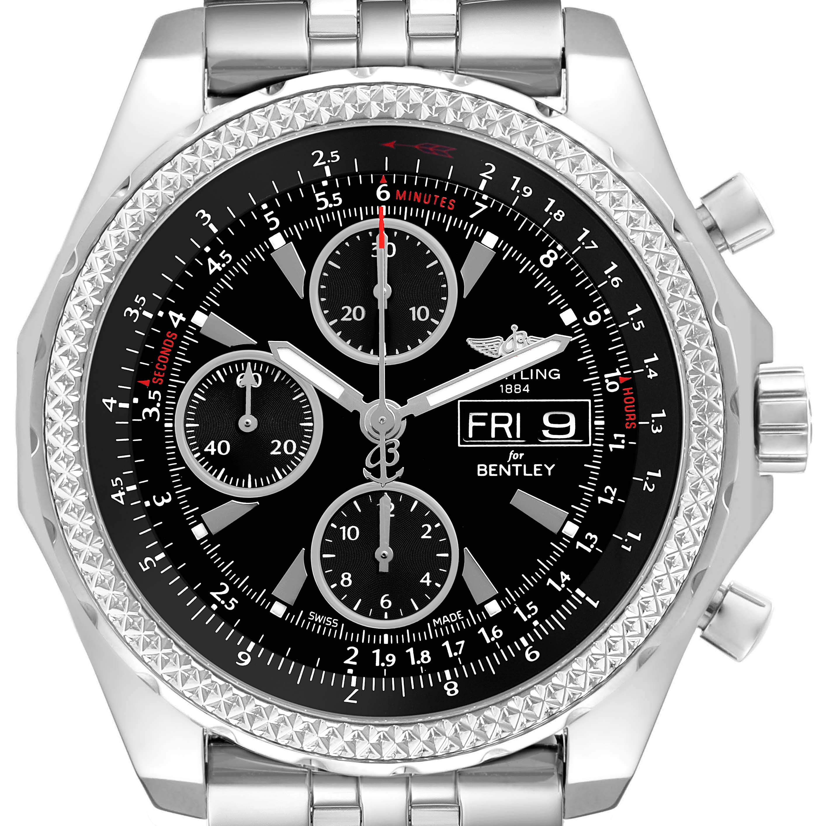 The image shows a front view of a Breitling Bentley A13362 Men's Stainless Steel Black Dial watch, displaying the dial, bezel, and part of the bracelet.