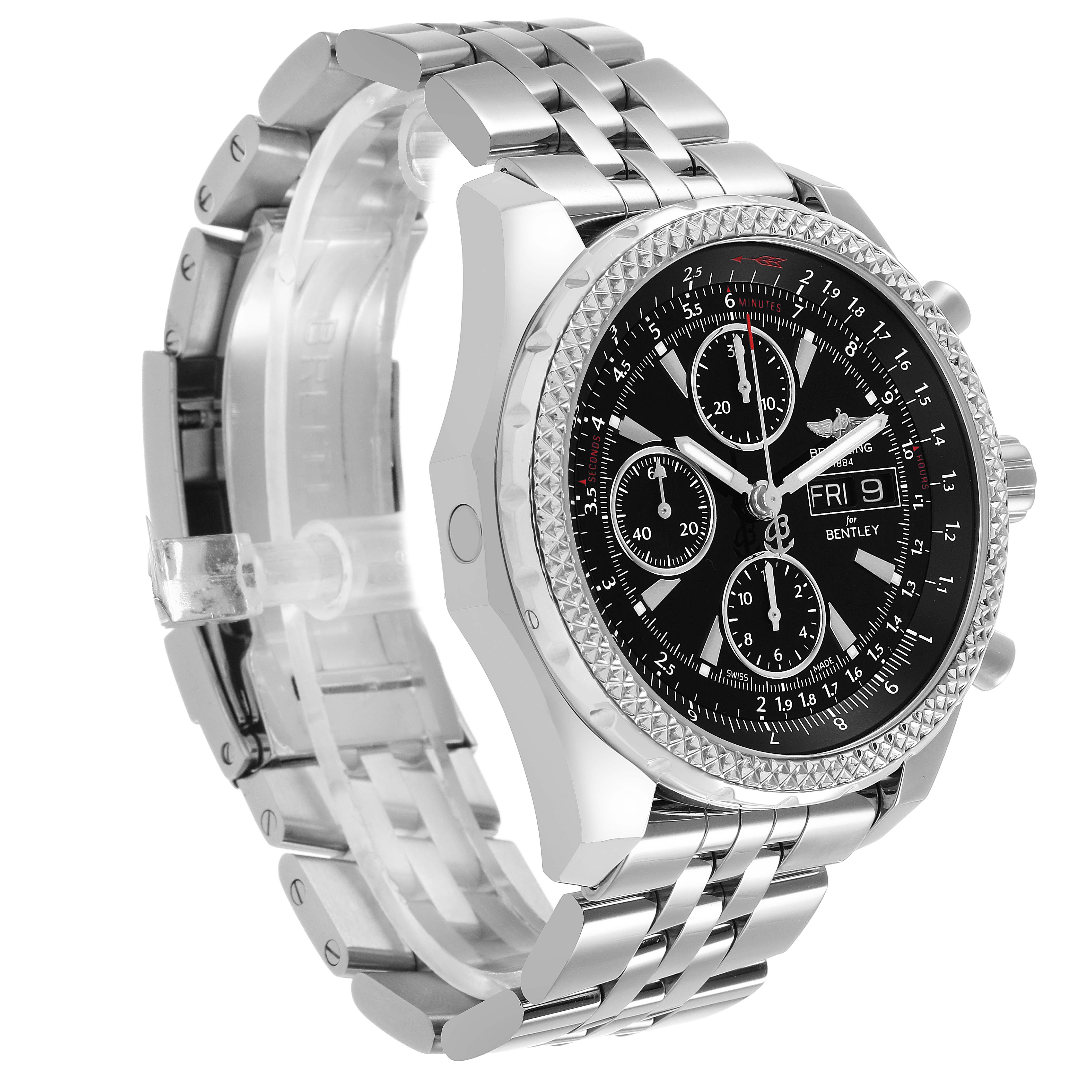 The Breitling Bentley A13362 Men's Stainless Steel Black Dial watch is shown at an oblique angle, highlighting the dial, bezel, and a portion of the metal bracelet.