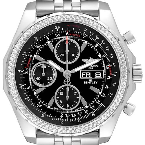 The Breitling Bentley A13362 Mens Stainless Steel Black Dial watch is shown from the front, highlighting the dial, chronograph sub-dials, and bezel details.
