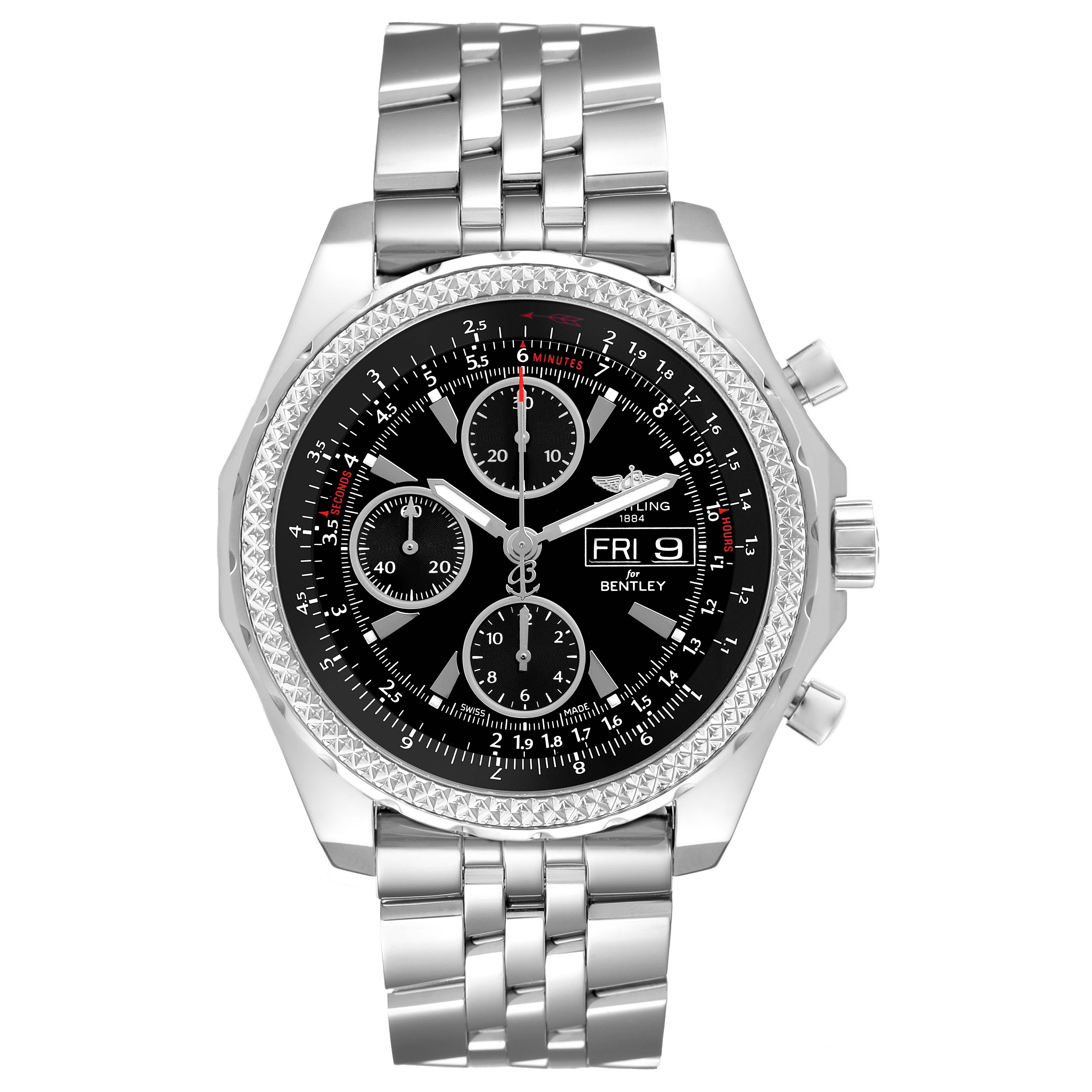 The image shows a front view of a Breitling Bentley A13362 Men's Stainless Steel Black Dial watch, featuring its detailed dial and metal bracelet.