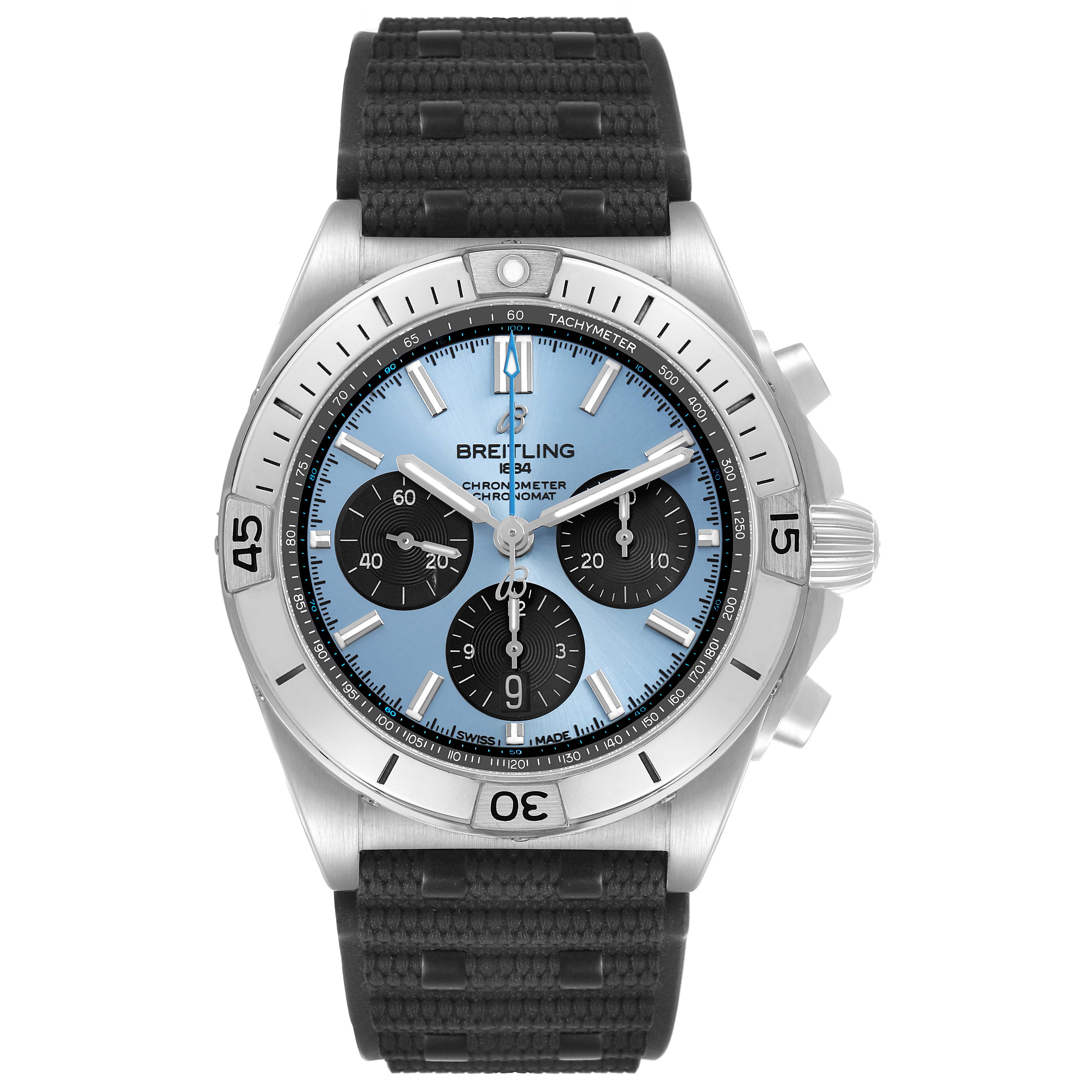 The Breitling Chronomat PB0134 Men's Stainless Steel Blue Dial watch is shown from the front, displaying the dial, bezel, subdials, and strap.