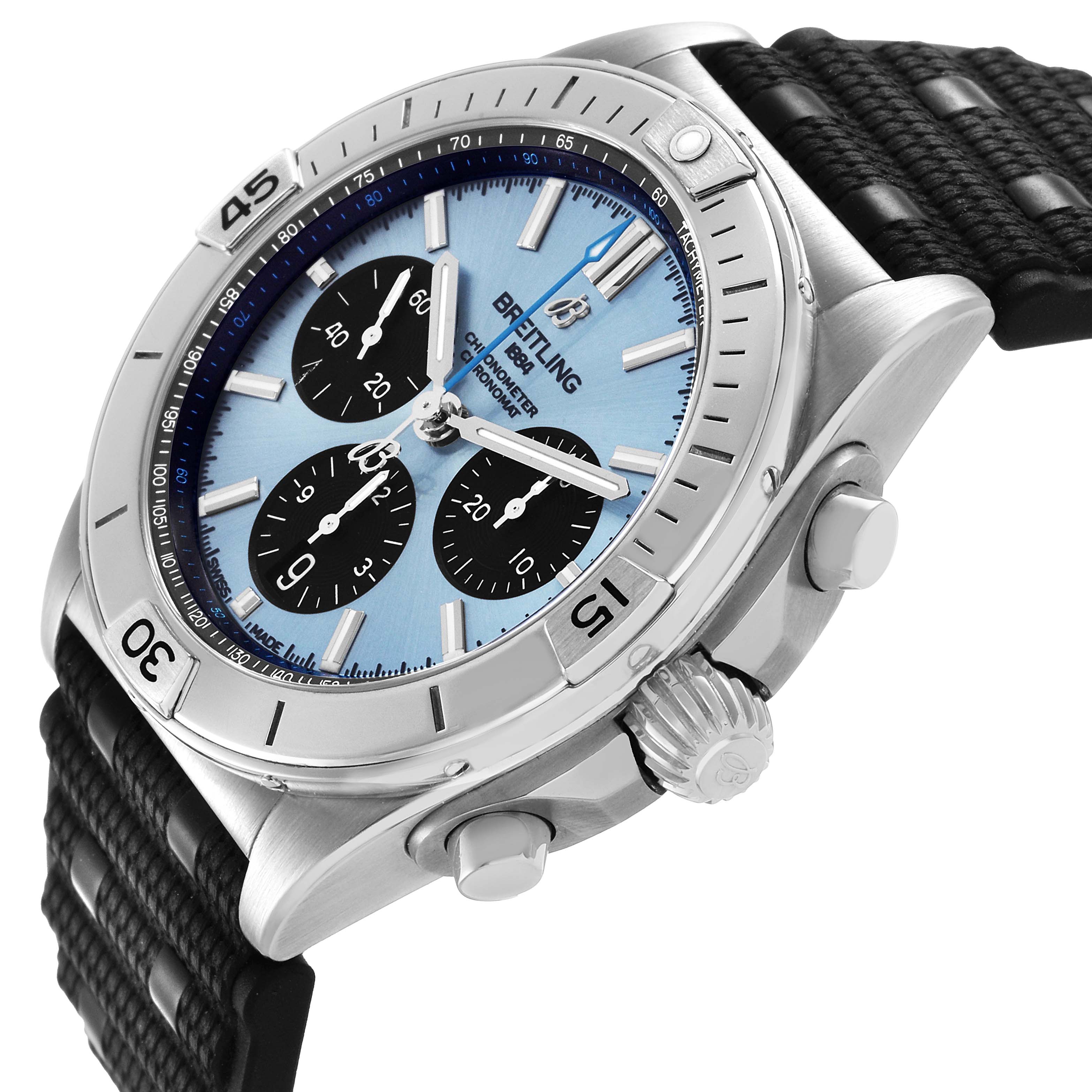 The Breitling Chronomat PB0134 Men's Stainless Steel Blue Dial watch is shown at an angle highlighting the face, bezel, crown, and chronograph pushers.