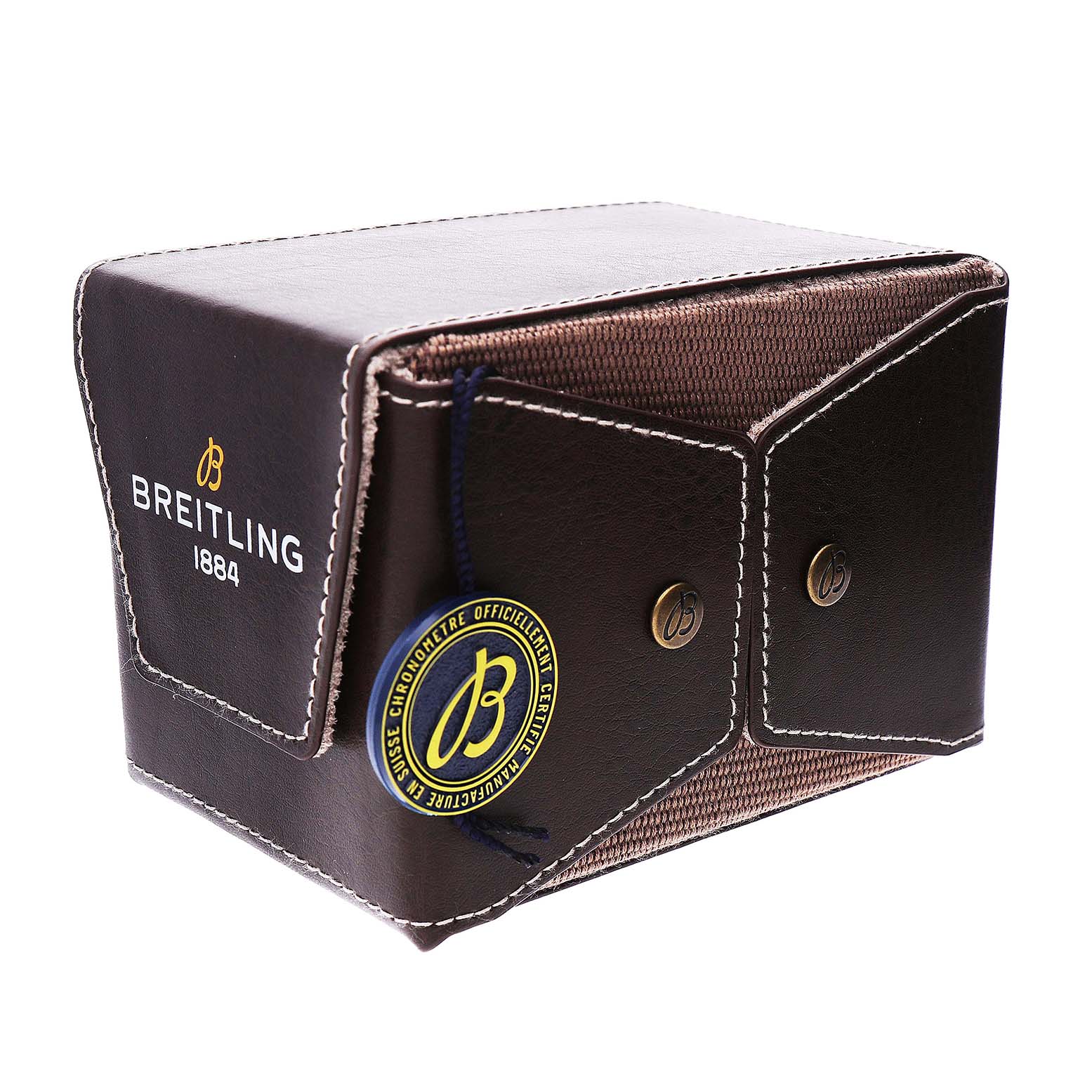 The image shows a Breitling Chronomat PB0134 Men's Stainless Steel Blue Dial watch box, viewed from an angle showcasing the front and side with branded details.