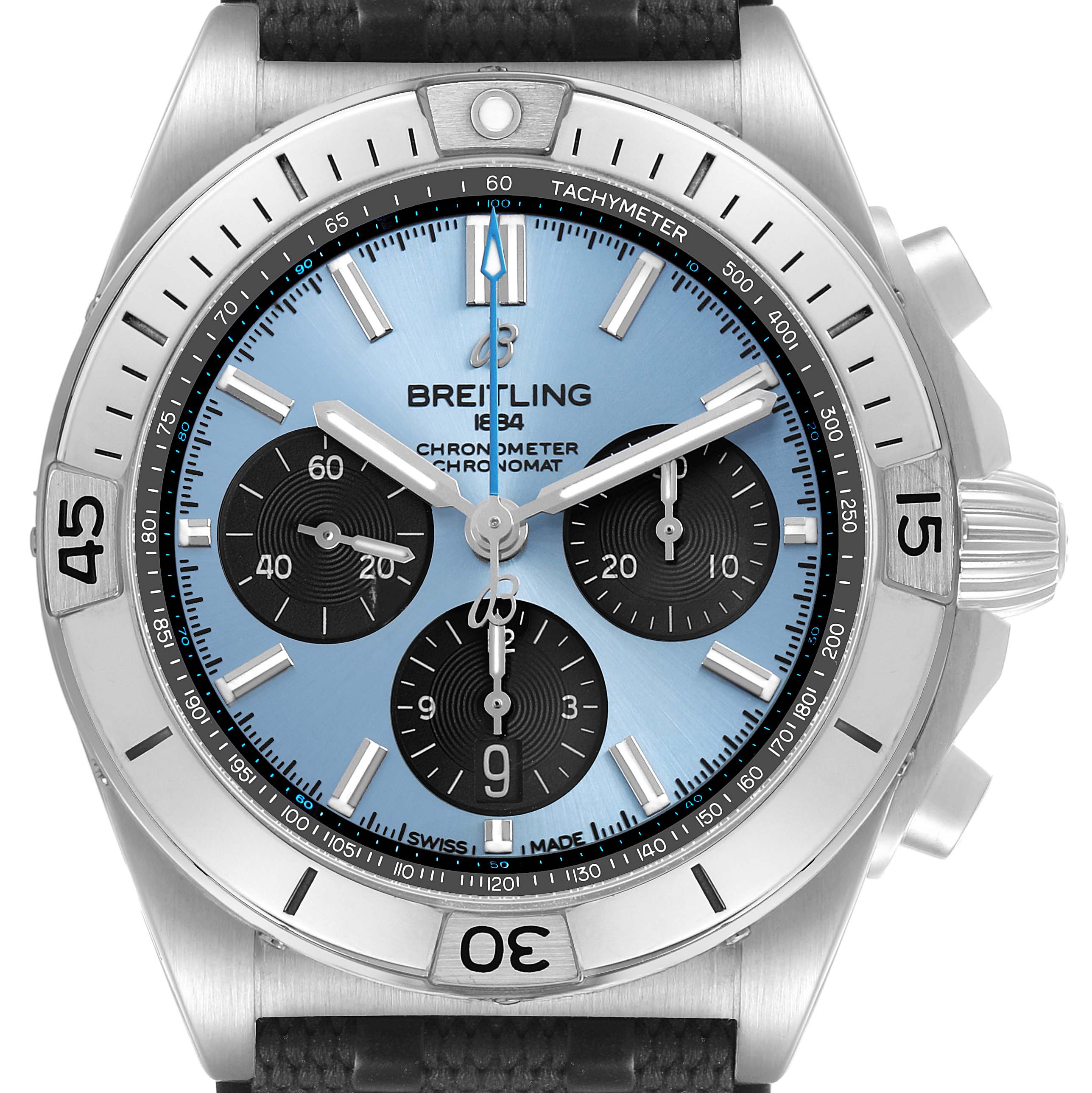 The Breitling Chronomat PB0134 Men's Stainless Steel Blue Dial watch is shown from a front angle, displaying the dial, bezel, crown, and chronograph subdials.