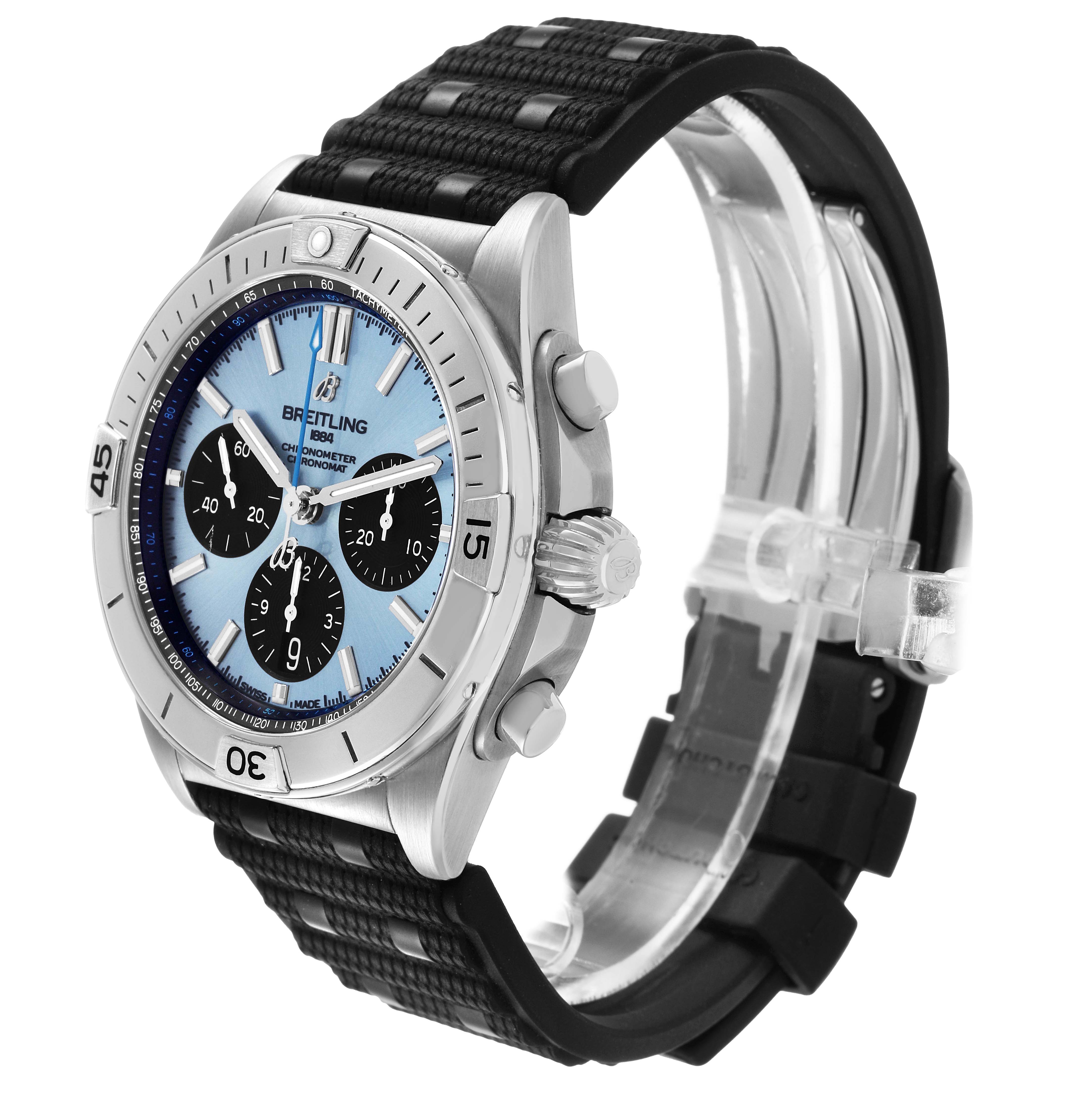 The Breitling Chronomat PB0134 Men's Stainless Steel Blue Dial watch is shown at a three-quarter angle, highlighting the face, bezel, crown, and strap.