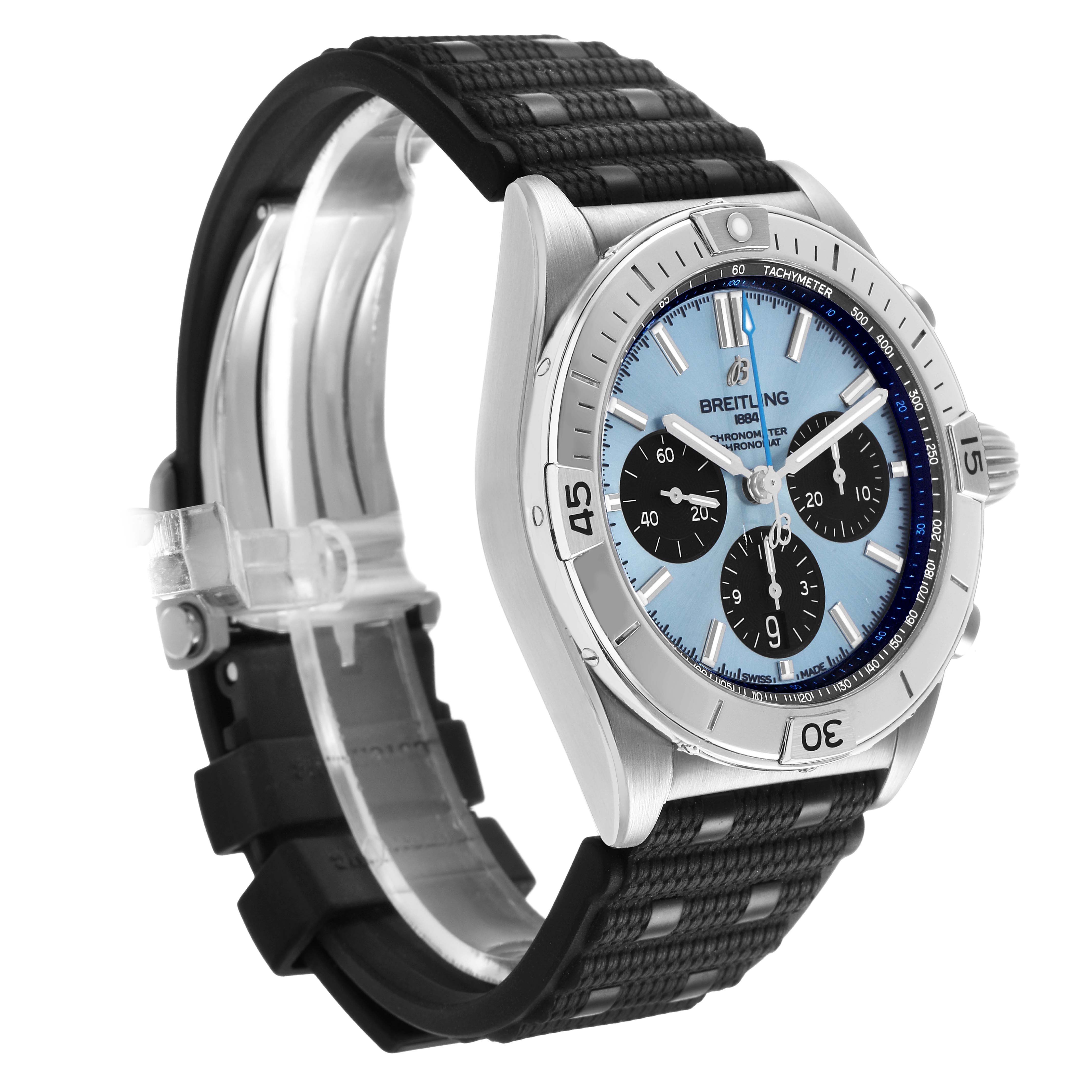 The Breitling Chronomat PB0134 Men's Stainless Steel Blue Dial watch is shown at a three-quarter angle, featuring the bezel, dial, and strap.