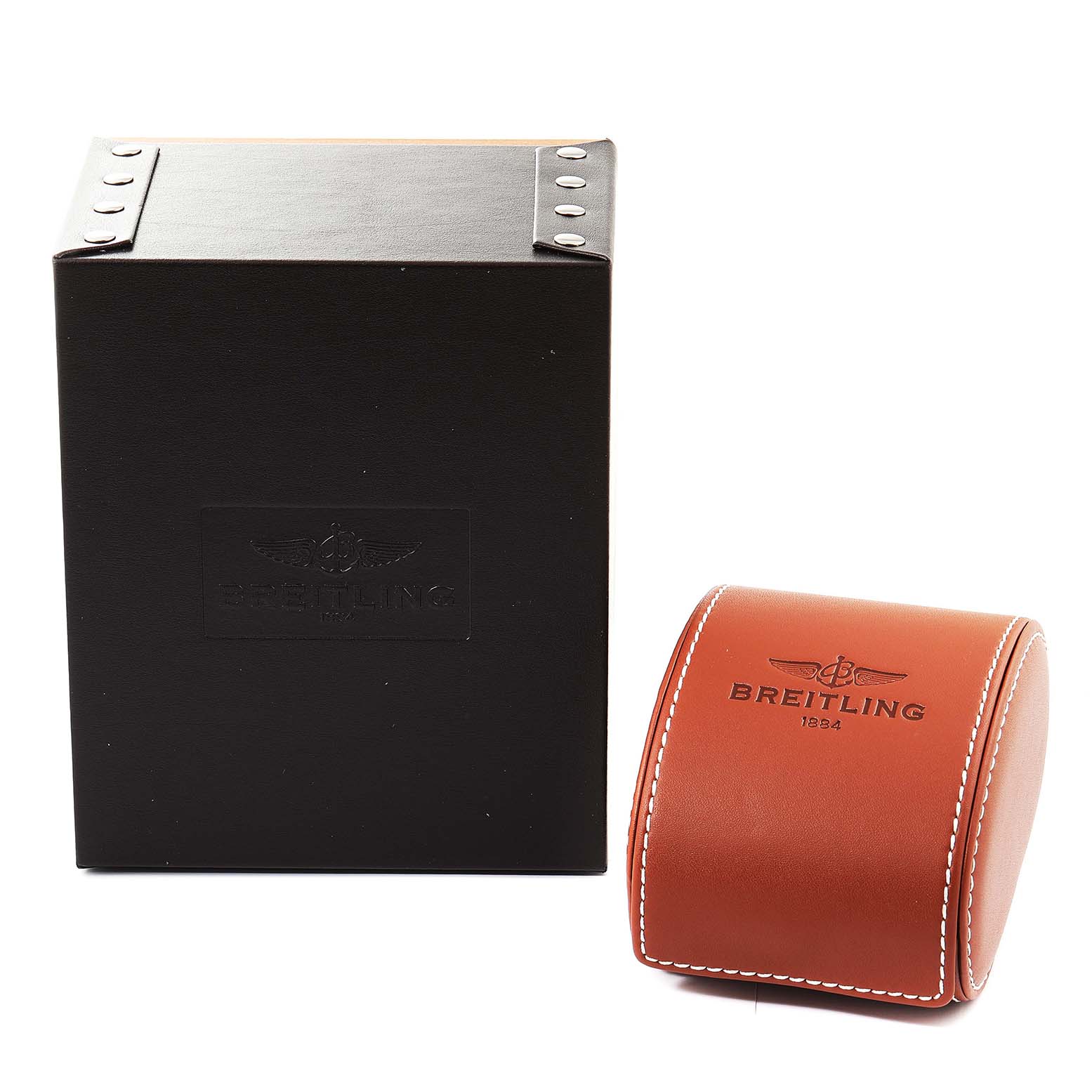 The image shows packaging for the Breitling Chronomatic A14360 Men's Stainless Steel Black Dial A14360 Men's Stainless Steel Black Dial model, including a black box and a brown leather case.