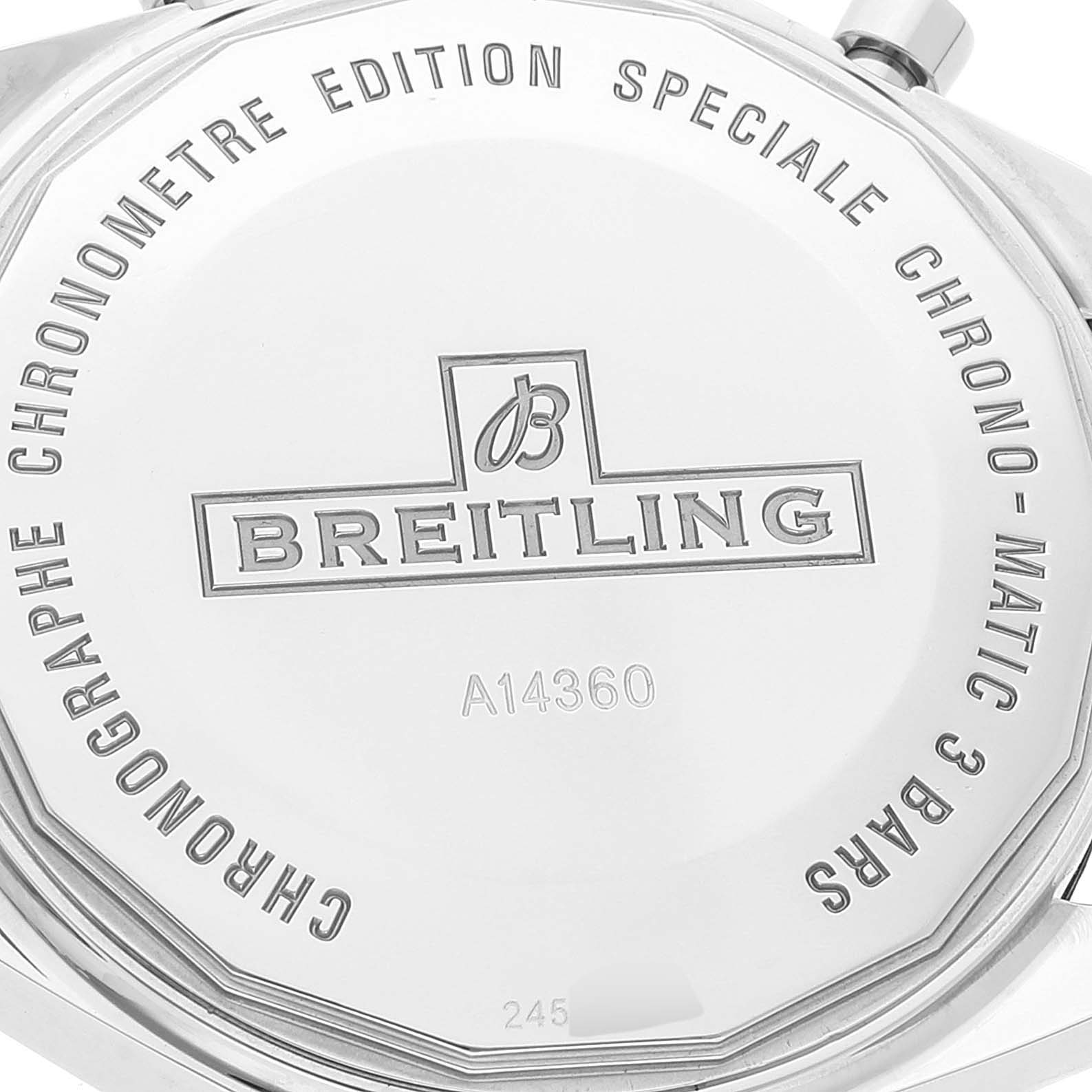 This is the back of the Breitling Chronomatic A14360 Men's Stainless Steel Black Dial A14360 Men's Stainless Steel Black Dial watch, showing its engraved brand and specifications.
