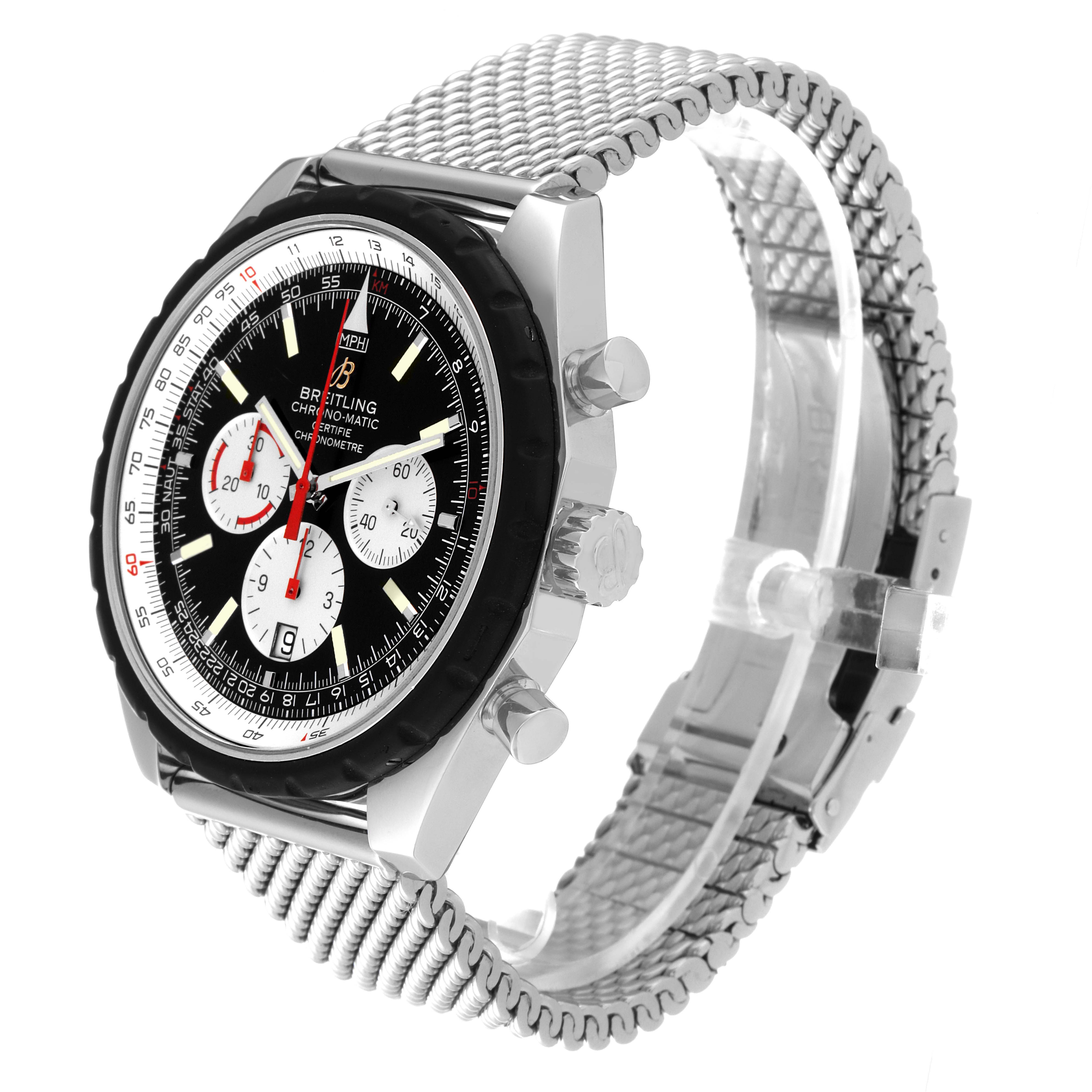 The Breitling Chronomatic A14360 Men's Stainless Steel Black Dial A14360 Men's Stainless Steel Black Dial watch is shown from a side angle, highlighting its face, bezel, crown, pushers, and metal bracelet.