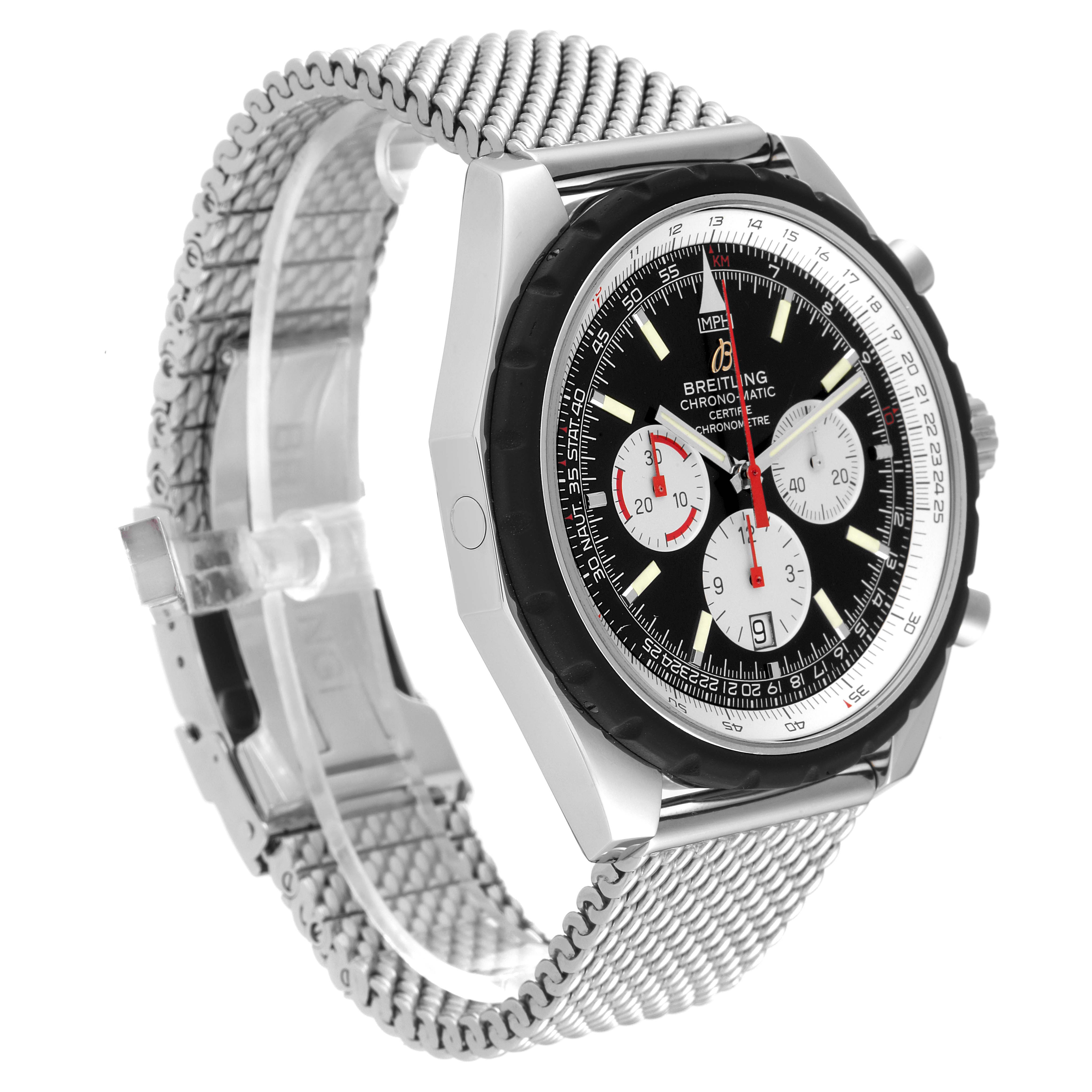 The image shows a Breitling Chronomatic A14360 Men's Stainless Steel Black Dial A14360 Men's Stainless Steel Black Dial watch from a three-quarter angle, highlighting its dial, case, and mesh bracelet.