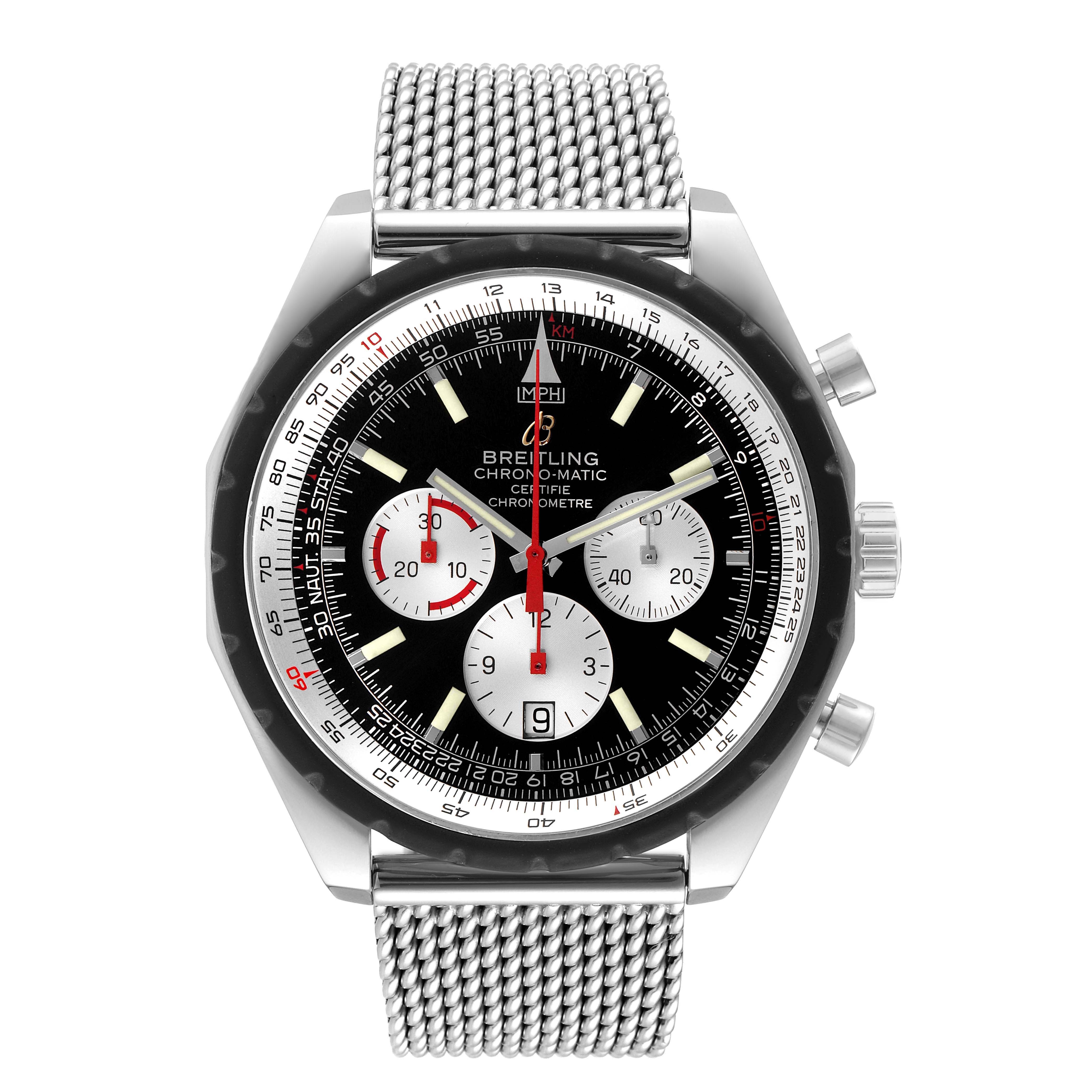 The Breitling Chronomatic A14360 Men's Stainless Steel Black Dial A14360 Men's Stainless Steel Black Dial watch is shown from a top-down angle, highlighting its face, three subdials, and mesh bracelet.
