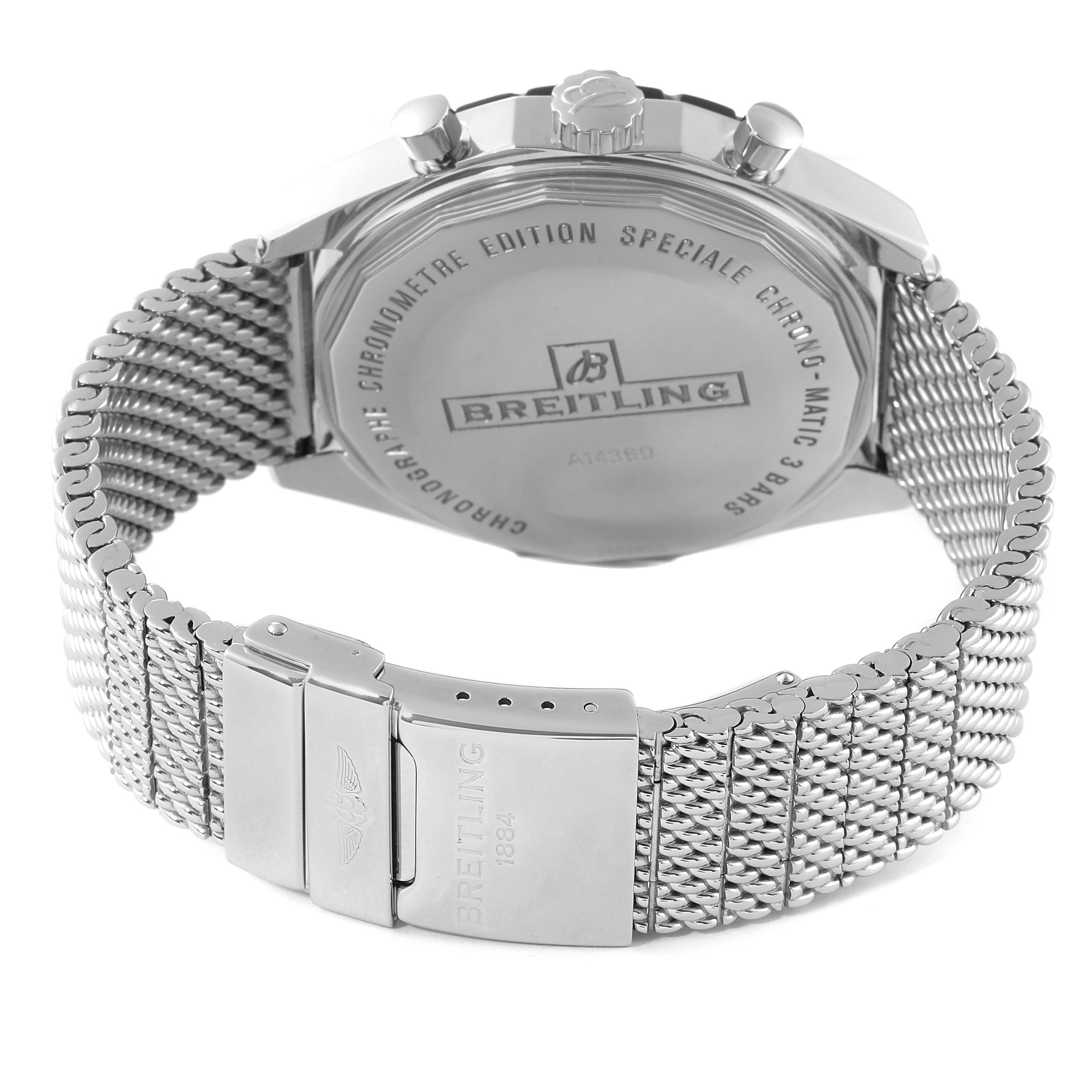 The image shows the back and clasp of a Breitling Chronomatic A14360 Men's Stainless Steel Black Dial A14360 Men's Stainless Steel Black Dial model watch with a stainless steel mesh bracelet.
