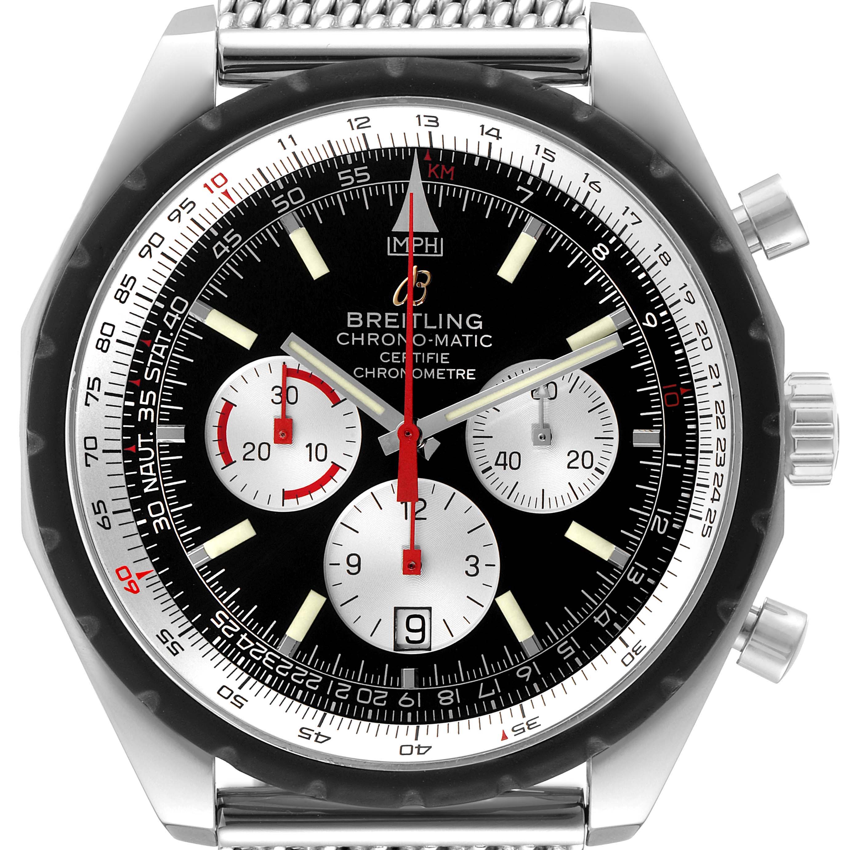 This image shows a front view of the Breitling Chronomatic A14360 Men's Stainless Steel Black Dial A14360 Men's Stainless Steel Black Dial watch, displaying its dial, subdials, and bezel.