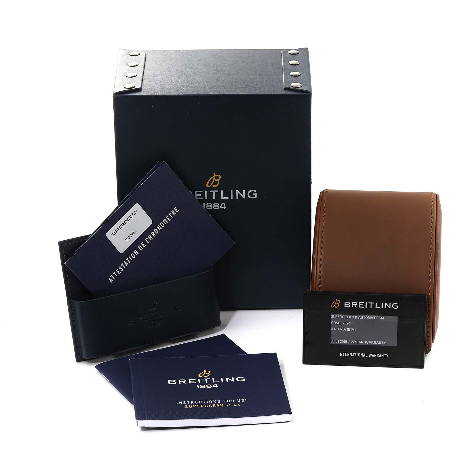 The image shows the packaging, documents, and warranty card for a Breitling Superocean A17392D8/C910 Men's Stainless Steel Black Dial A17392D8/C910 Men's Stainless Steel Black Dial model watch.