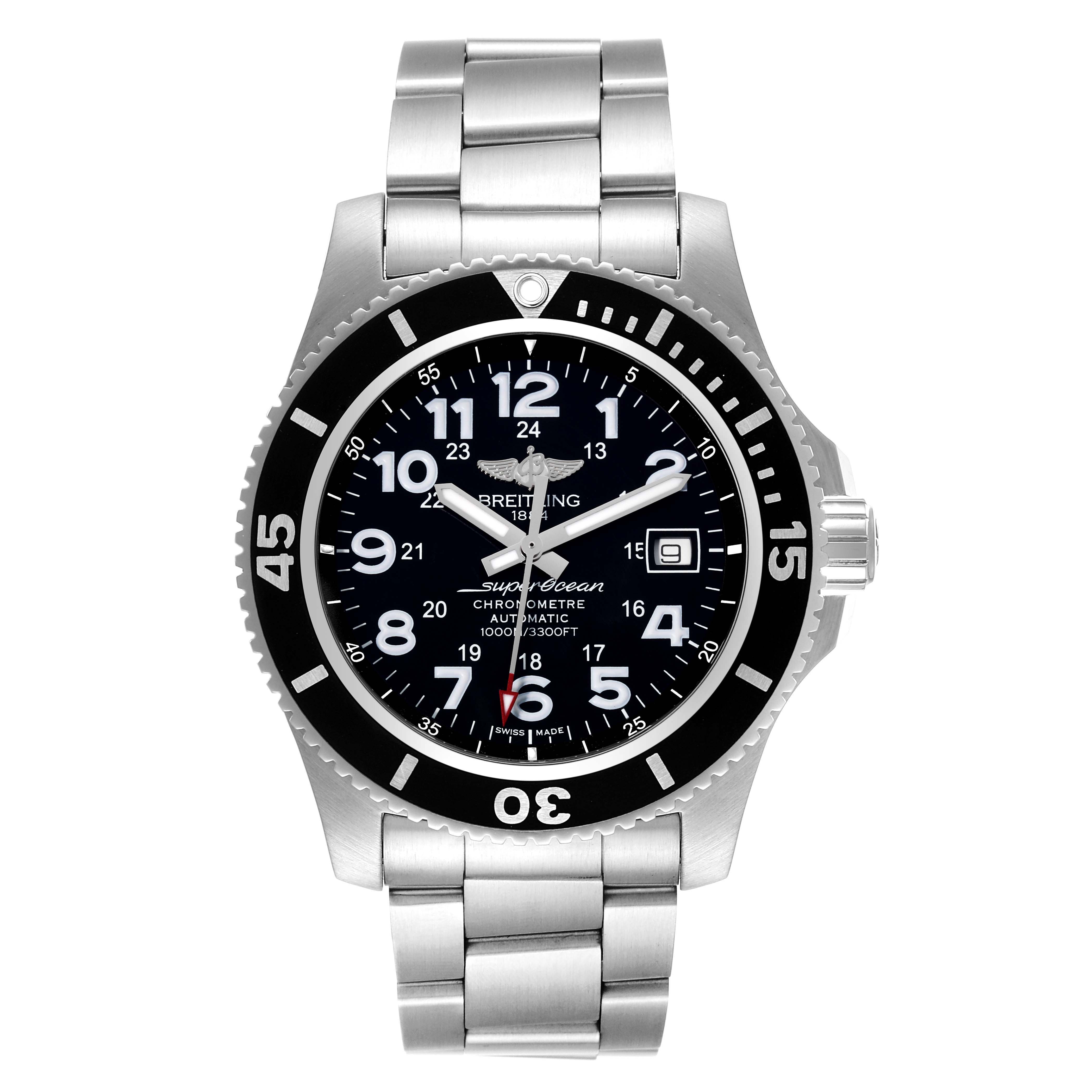 The image shows a front view of the Breitling Superocean A17392D8/C910 Men's Stainless Steel Black Dial A17392D8/C910 Men's Stainless Steel Black Dial watch, displaying its dial, bezel, and stainless steel bracelet.