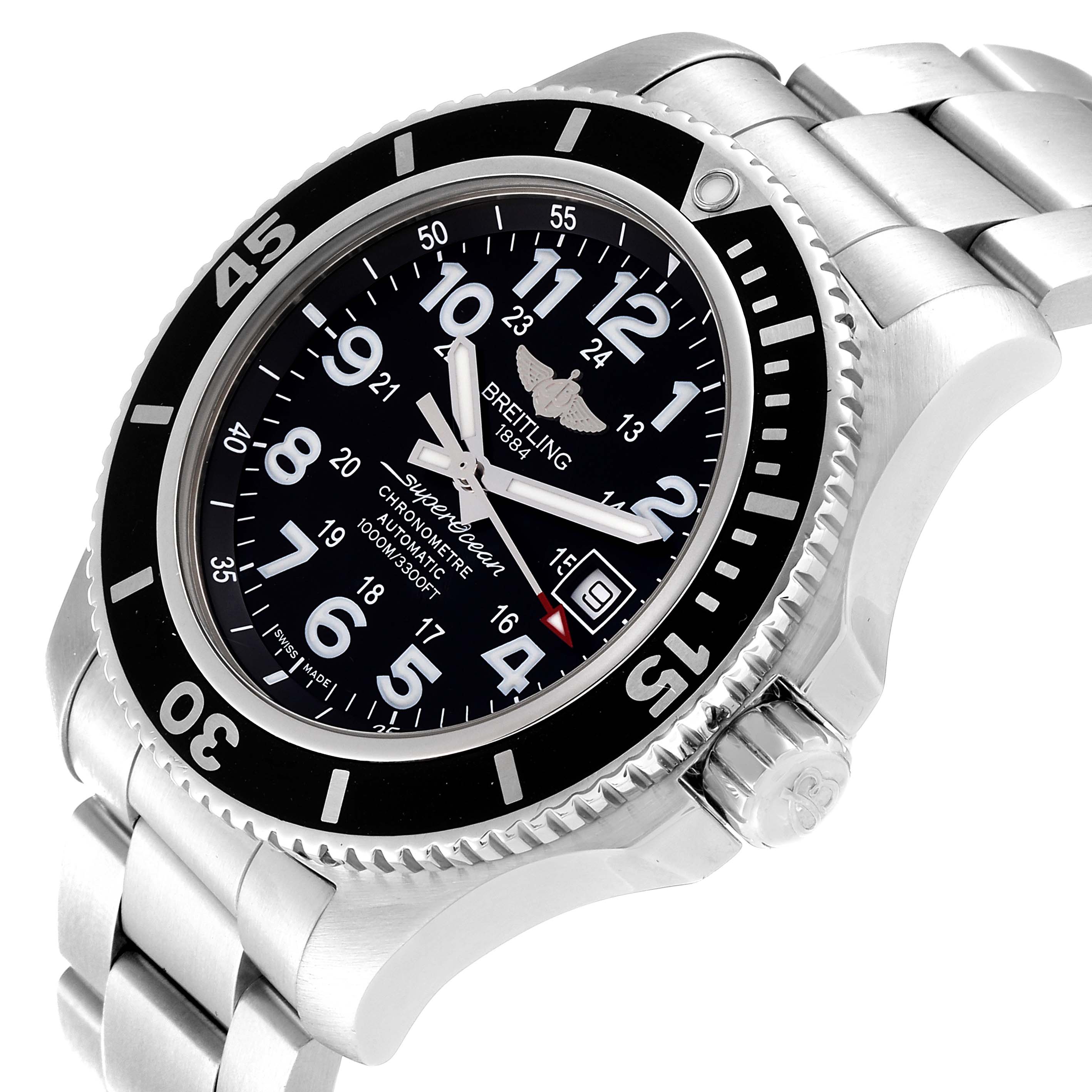 This image shows a Breitling Superocean A17392D8/C910 Men's Stainless Steel Black Dial A17392D8/C910 Men's Stainless Steel Black Dial watch at a three-quarter angle, highlighting its dial, bezel, and part of the metal bracelet.