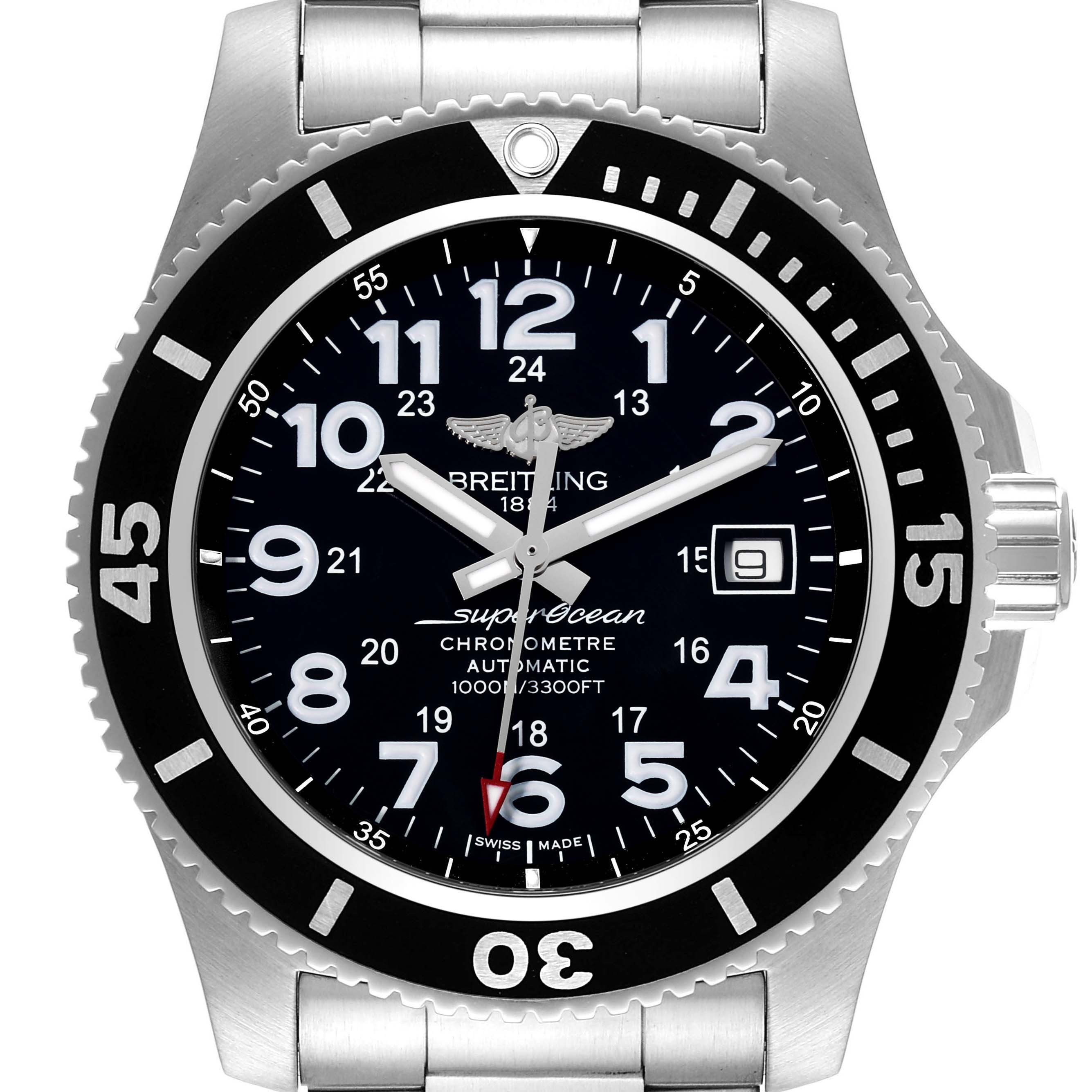 The image shows a front angle view of the Breitling Superocean A17392D8/C910 Men's Stainless Steel Black Dial A17392D8/C910 Men's Stainless Steel Black Dial watch, displaying its dial, bezel, markers, and date window.