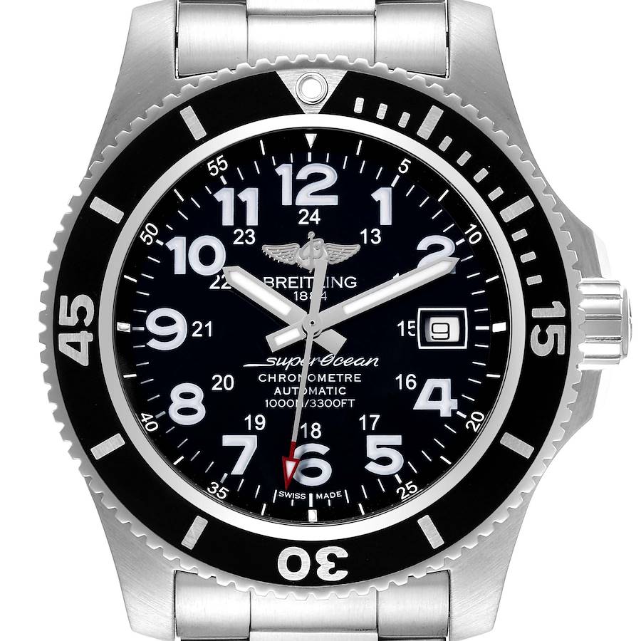 The image shows a front angle view of the Breitling Superocean watch, displaying its dial, bezel, markers, and date window.