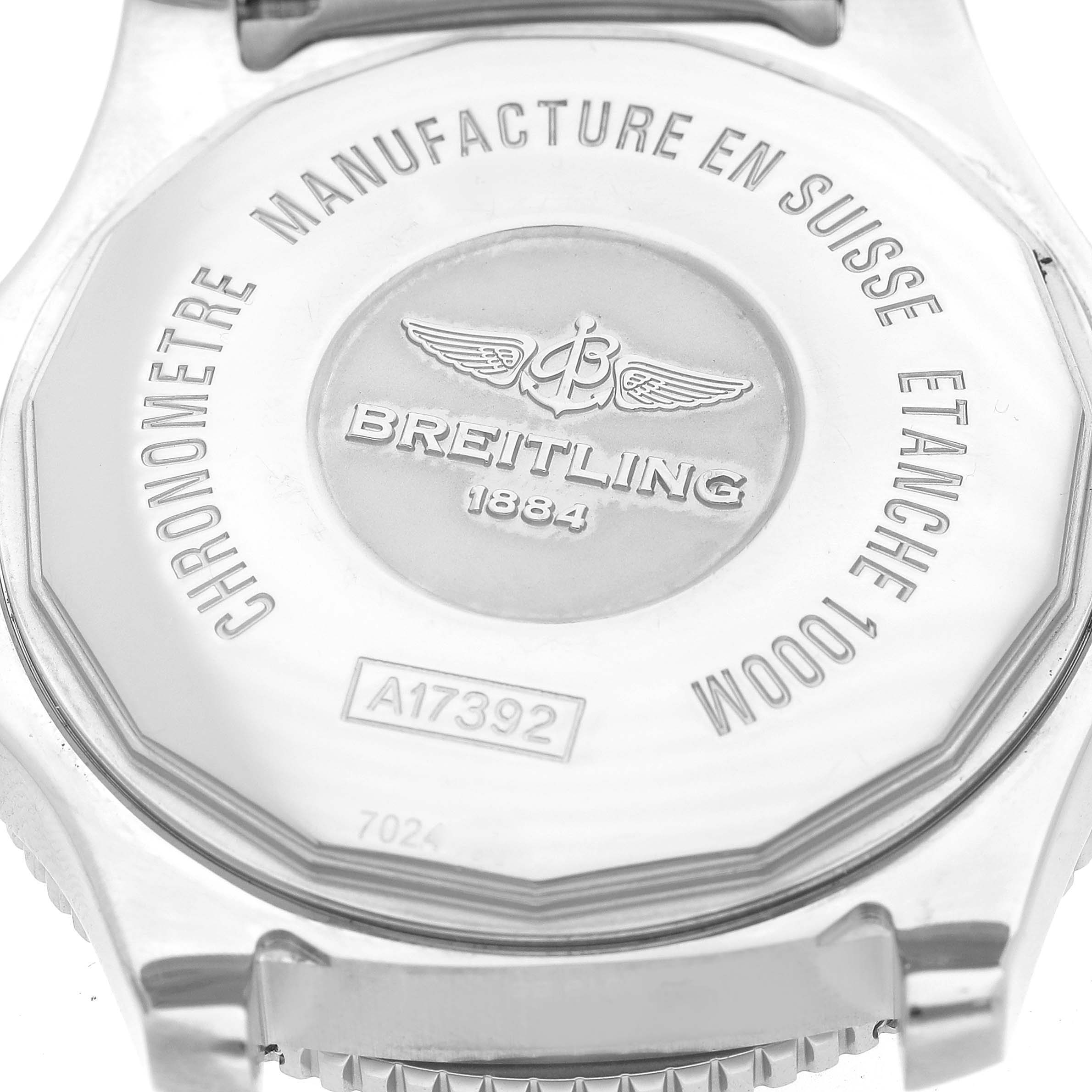 This image shows the back of a Breitling Superocean A17392D8/C910 Men's Stainless Steel Black Dial A17392D8/C910 Men's Stainless Steel Black Dial watch, highlighting the engravings and model number.