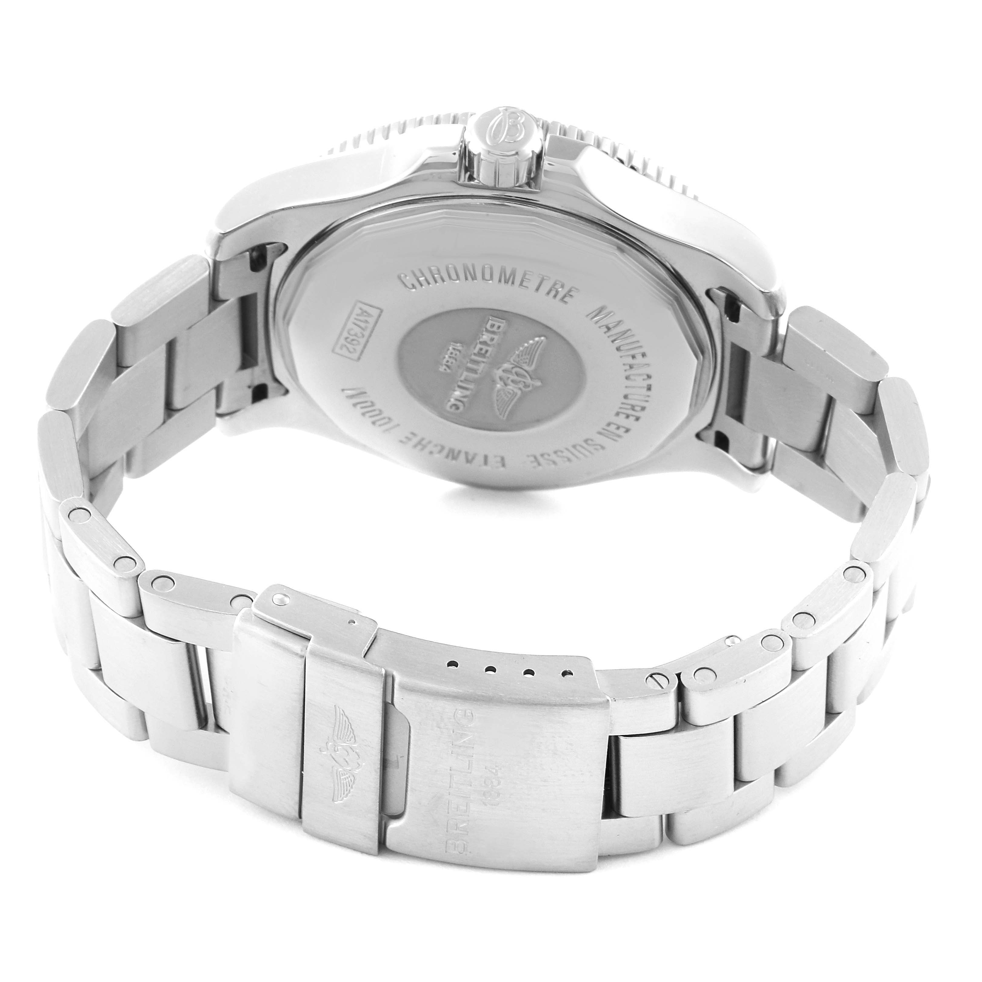 The image shows the back and clasp of a Breitling Superocean A17392D8/C910 Men's Stainless Steel Black Dial A17392D8/C910 Men's Stainless Steel Black Dial watch from a rear angle.