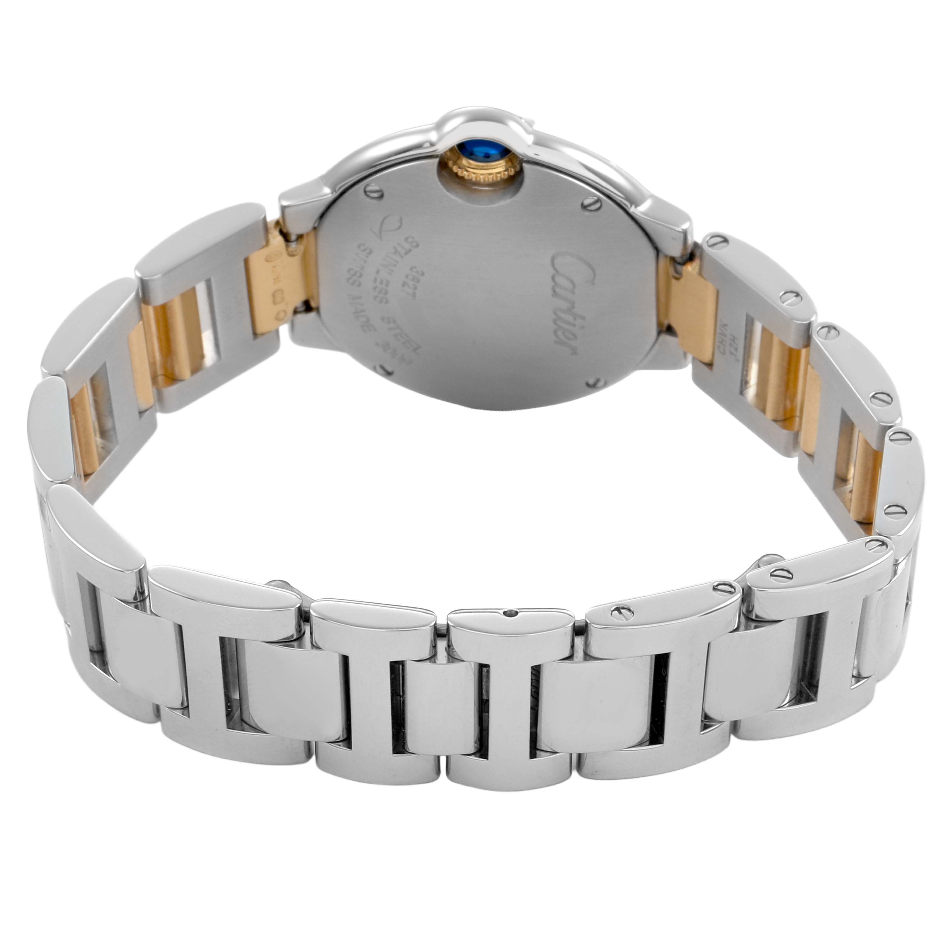 The image shows the back and bracelet of a Cartier Ballon Bleu W69007Z3 Women's Steel and Gold (two tone) Silver Dial watch, highlighting its two-tone metal links and case back.