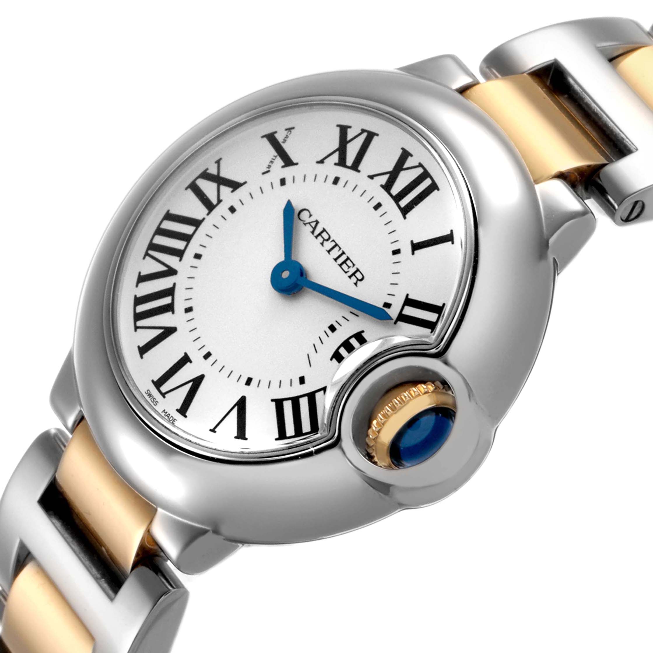 The Cartier Ballon Bleu W69007Z3 Women's Steel and Gold (two tone) Silver Dial watch is shown at an angled view, highlighting the dial, crown, and part of the bracelet.