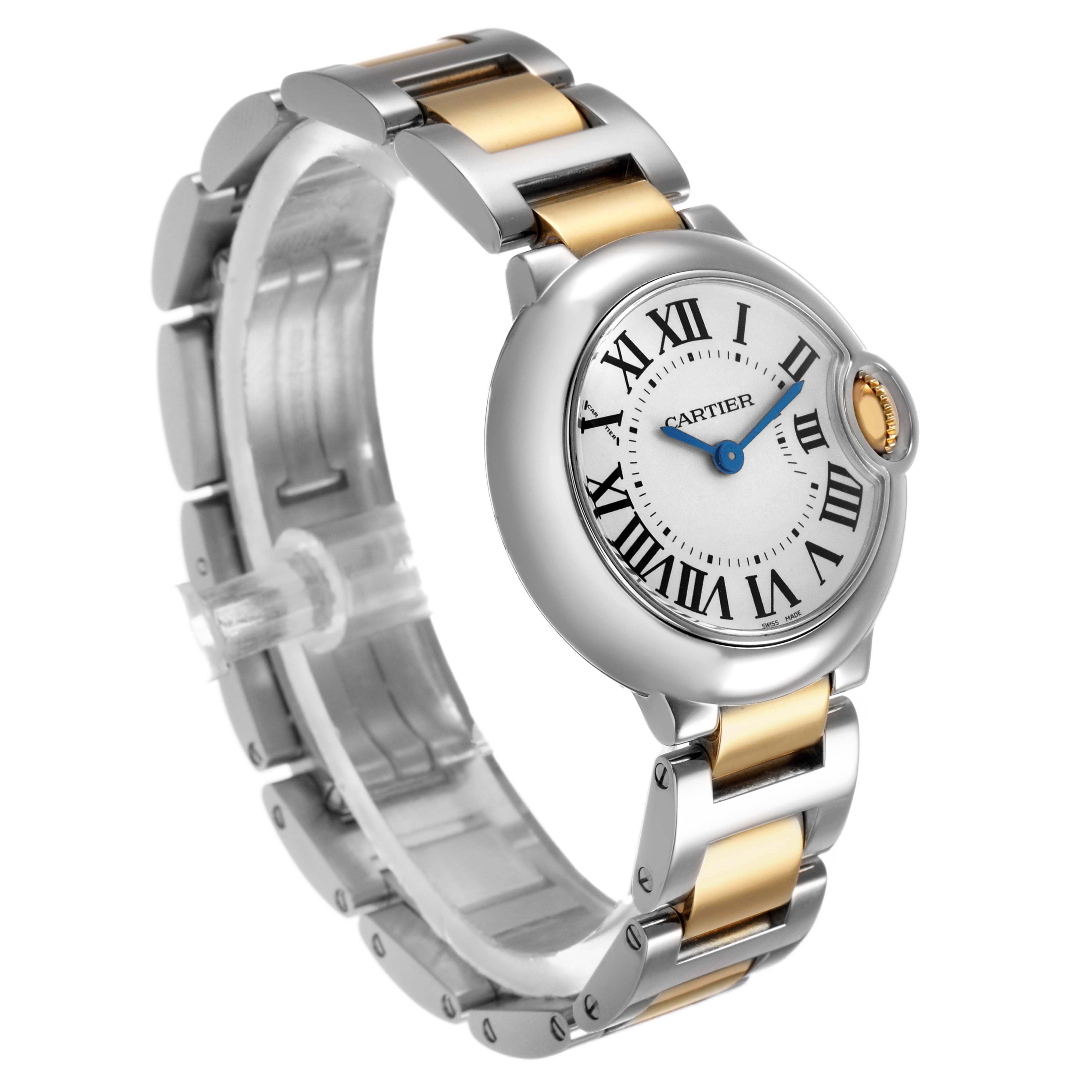 The image shows a side angle of the Cartier Ballon Bleu W69007Z3 Women's Steel and Gold (two tone) Silver Dial watch, highlighting the dial, bracelet, and crown.