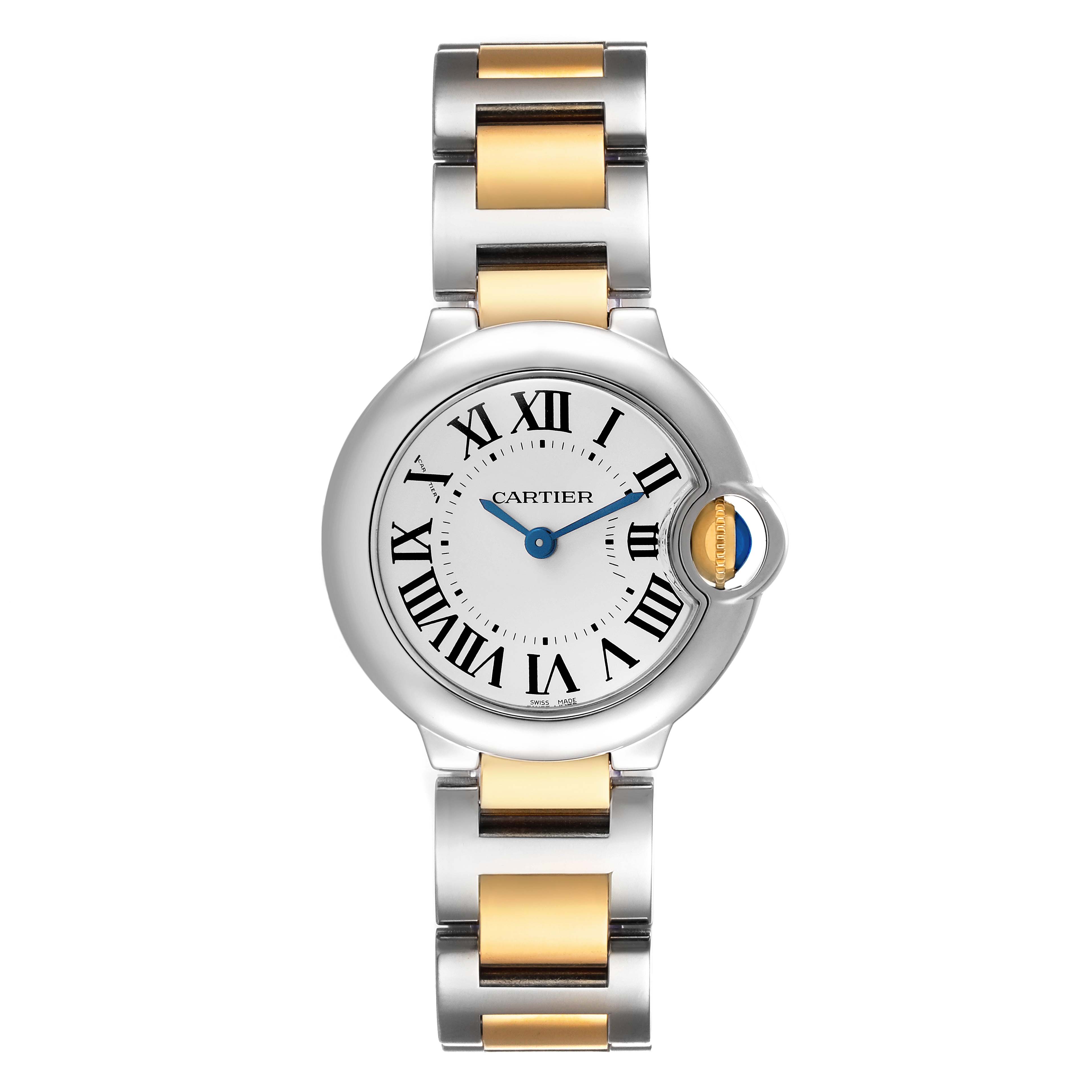 The Cartier Ballon Bleu W69007Z3 Women's Steel and Gold (two tone) Silver Dial watch is shown from the front, highlighting its dial, Roman numerals, and steel-gold bracelet.
