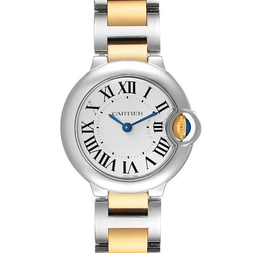 The Cartier Ballon Bleu W69007Z3 Womens Steel and Gold (two tone) Silver Dial watch is shown from a front angle, displaying the dial, bezel, and partial bracelet.
