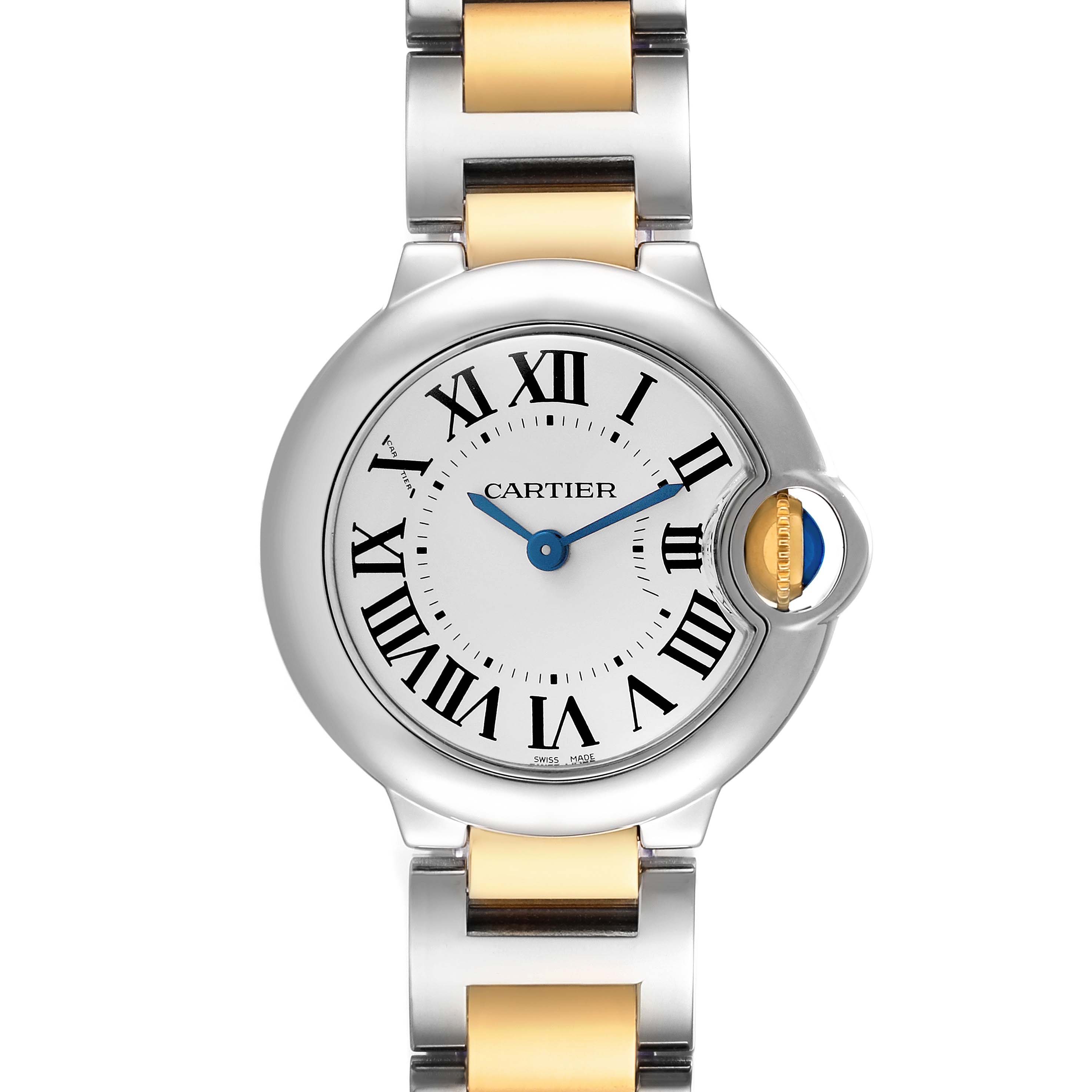 The image shows a front view of the Cartier Ballon Bleu W69007Z3 Women's Steel and Gold (two tone) Silver Dial watch, highlighting the dial, Roman numerals, and bracelet.