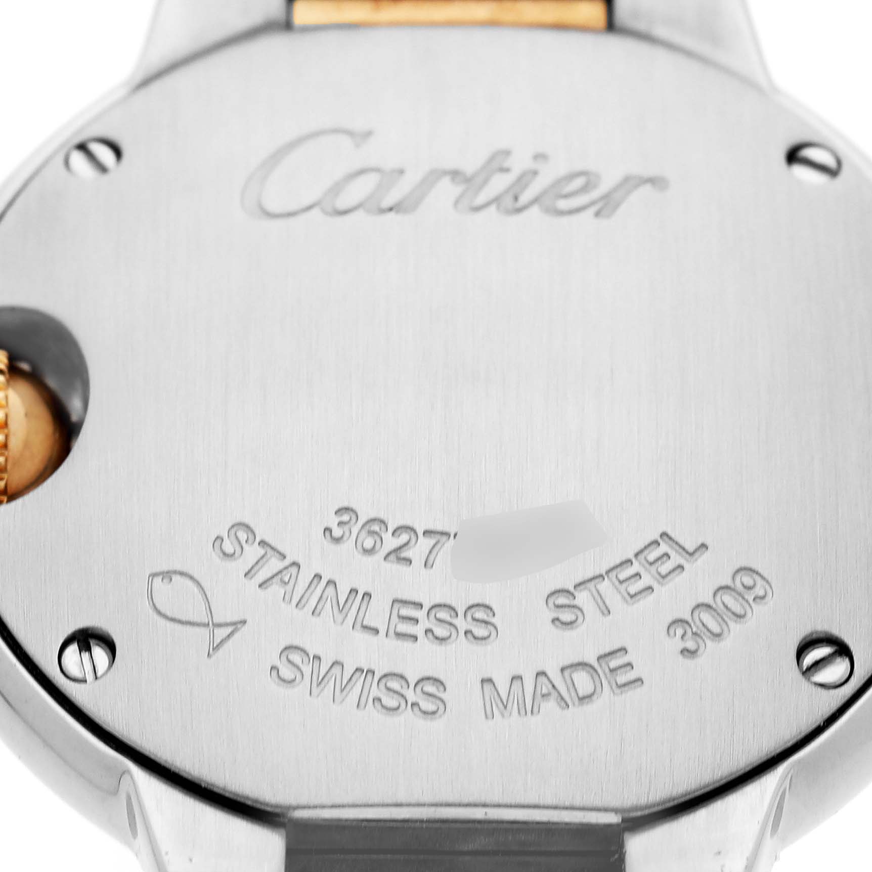 The image shows the back of a Cartier Ballon Bleu W69007Z3 Women's Steel and Gold (two tone) Silver Dial watch with "Stainless Steel" and "Swiss Made" engravings visible.