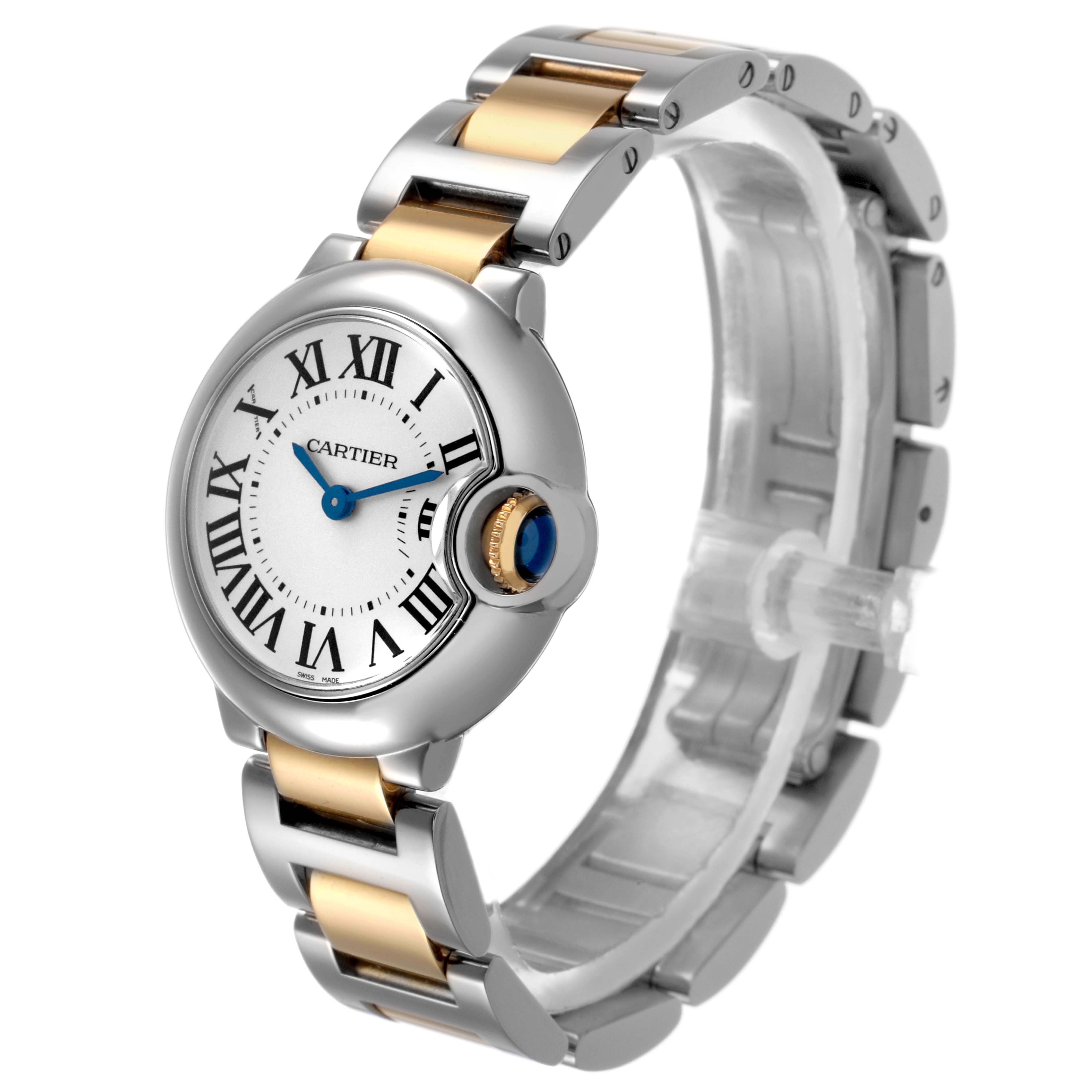 The Ballon Bleu by Cartier is shown at an angle displaying the face, bezel, and part of the bracelet.