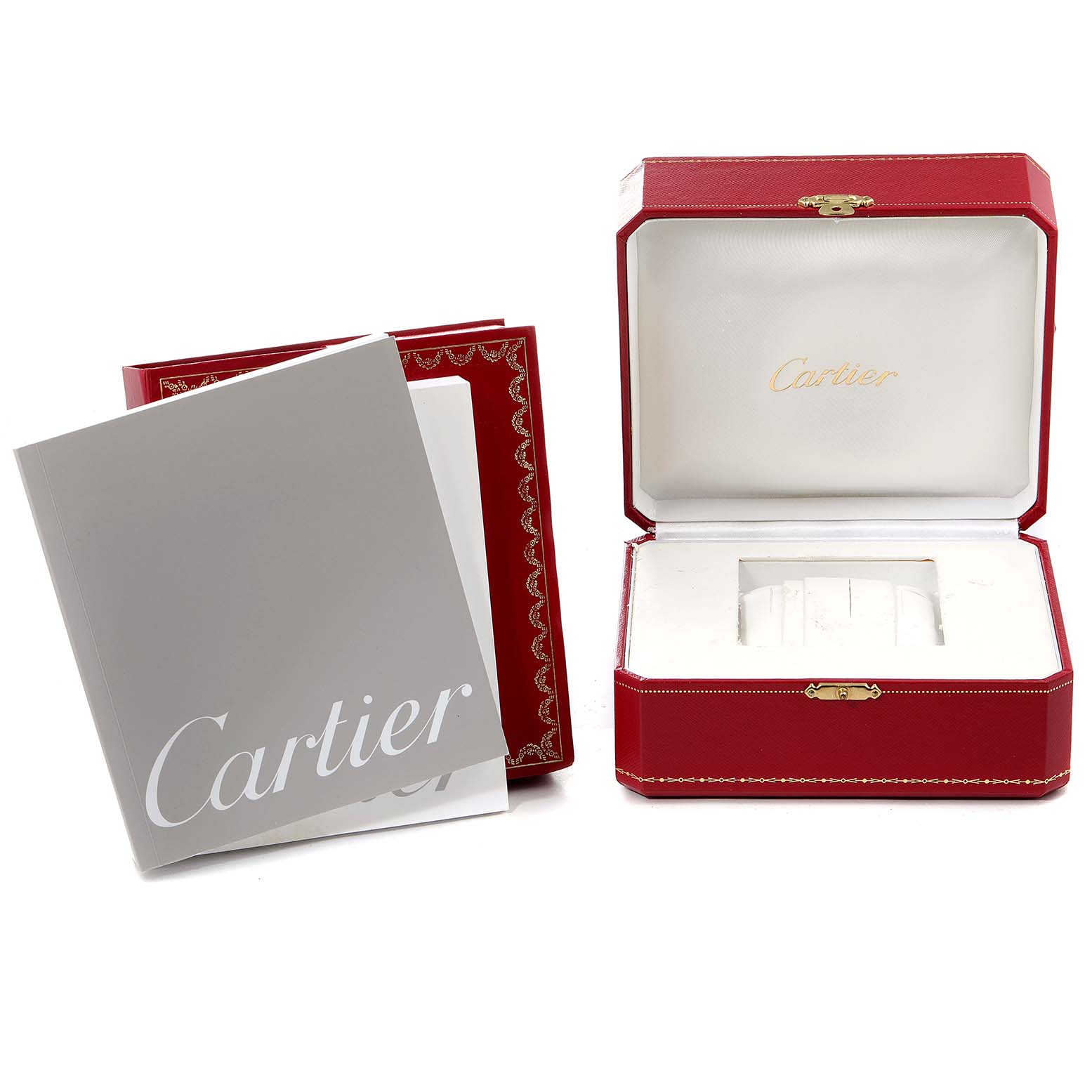 The image shows the packaging for a Cartier Ballon Bleu W6920052 Men's Stainless Steel Black Dial W6920052 Men's Stainless Steel Black Dial model, including the red watch box and accompanying booklets.