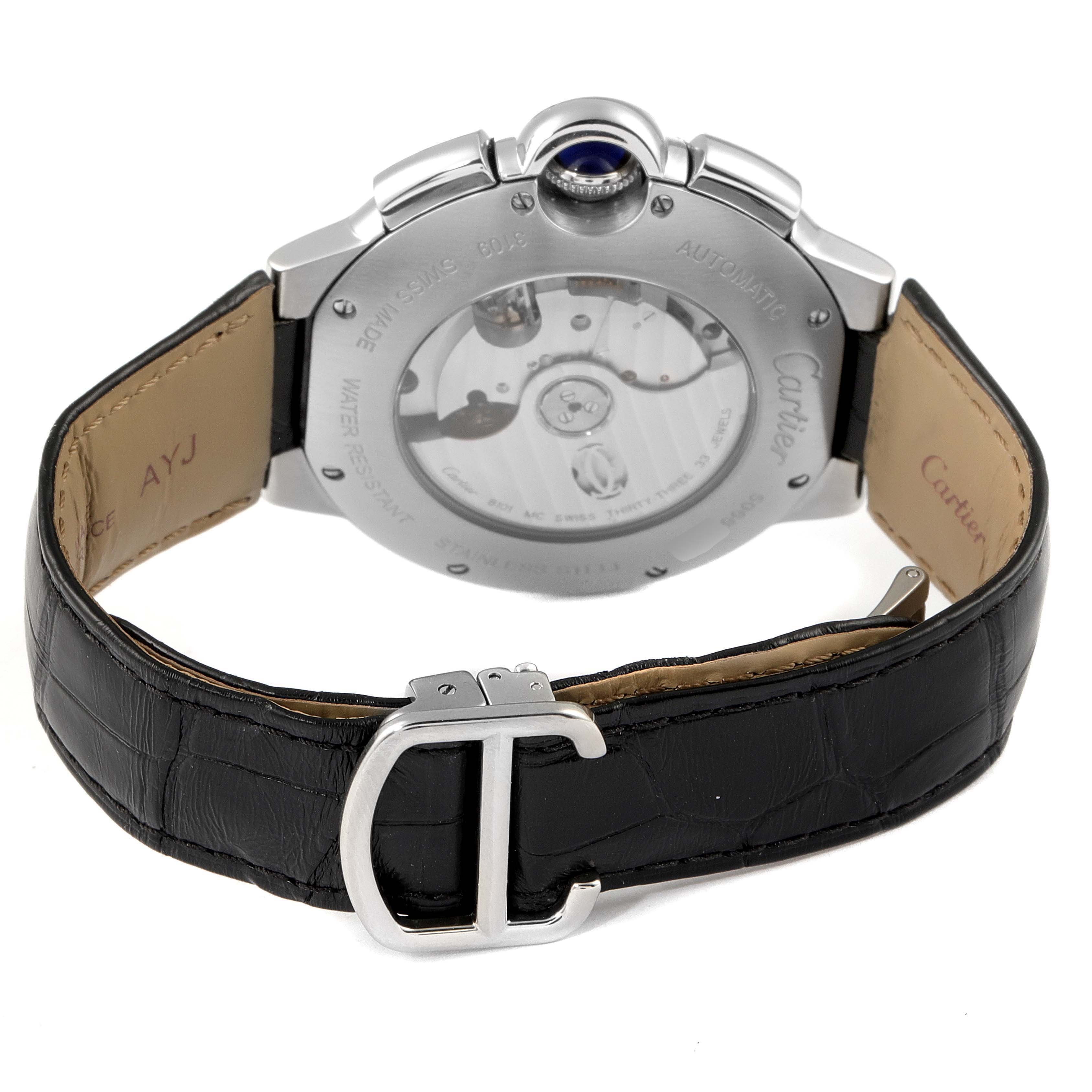 The image shows the back and strap of a Cartier Ballon Bleu W6920052 Men's Stainless Steel Black Dial W6920052 Men's Stainless Steel Black Dial model, highlighting the watch's case back and deployment clasp.