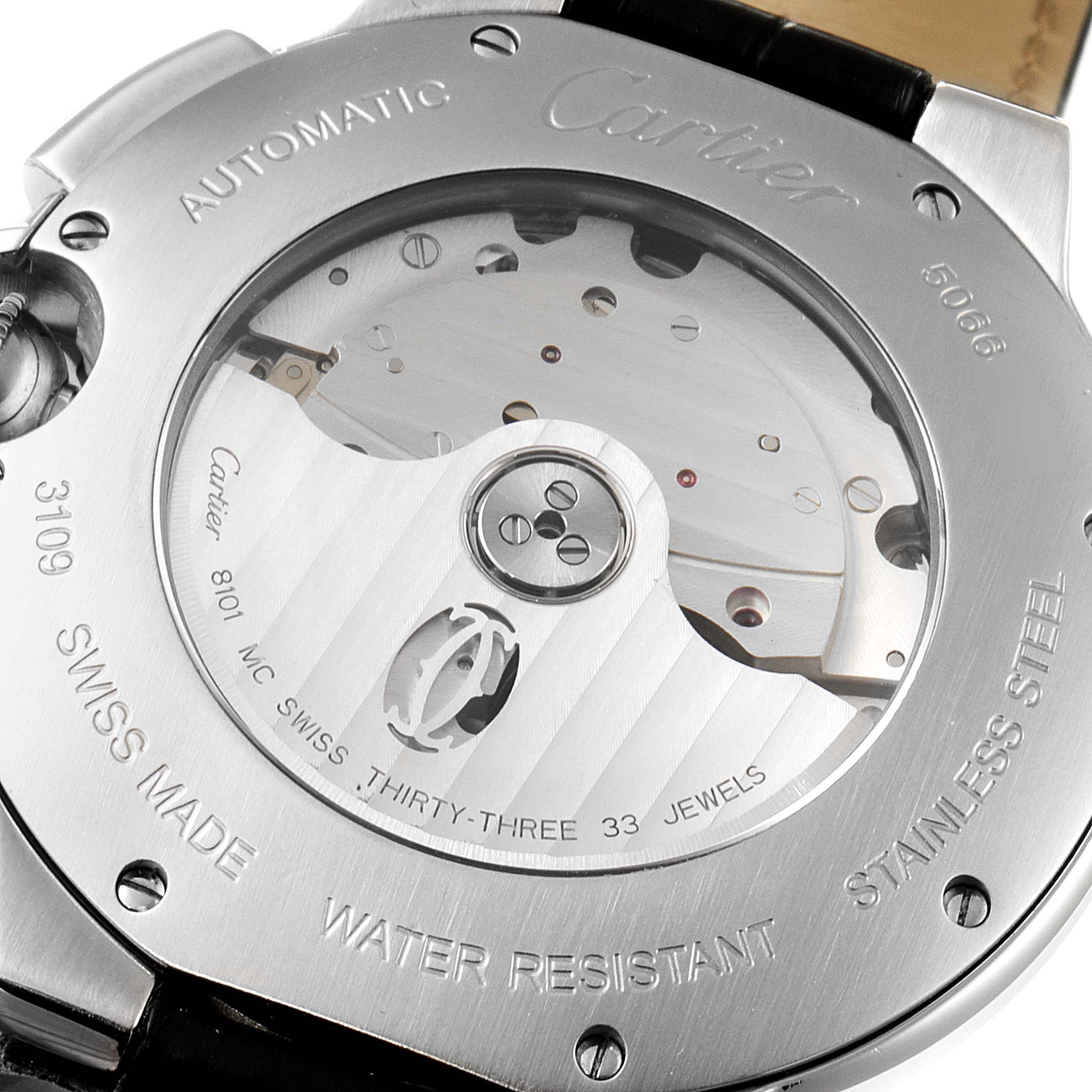 This image shows the back of the Cartier Ballon Bleu W6920052 Men's Stainless Steel Black Dial W6920052 Men's Stainless Steel Black Dial watch, revealing its automatic movement and inner mechanisms.