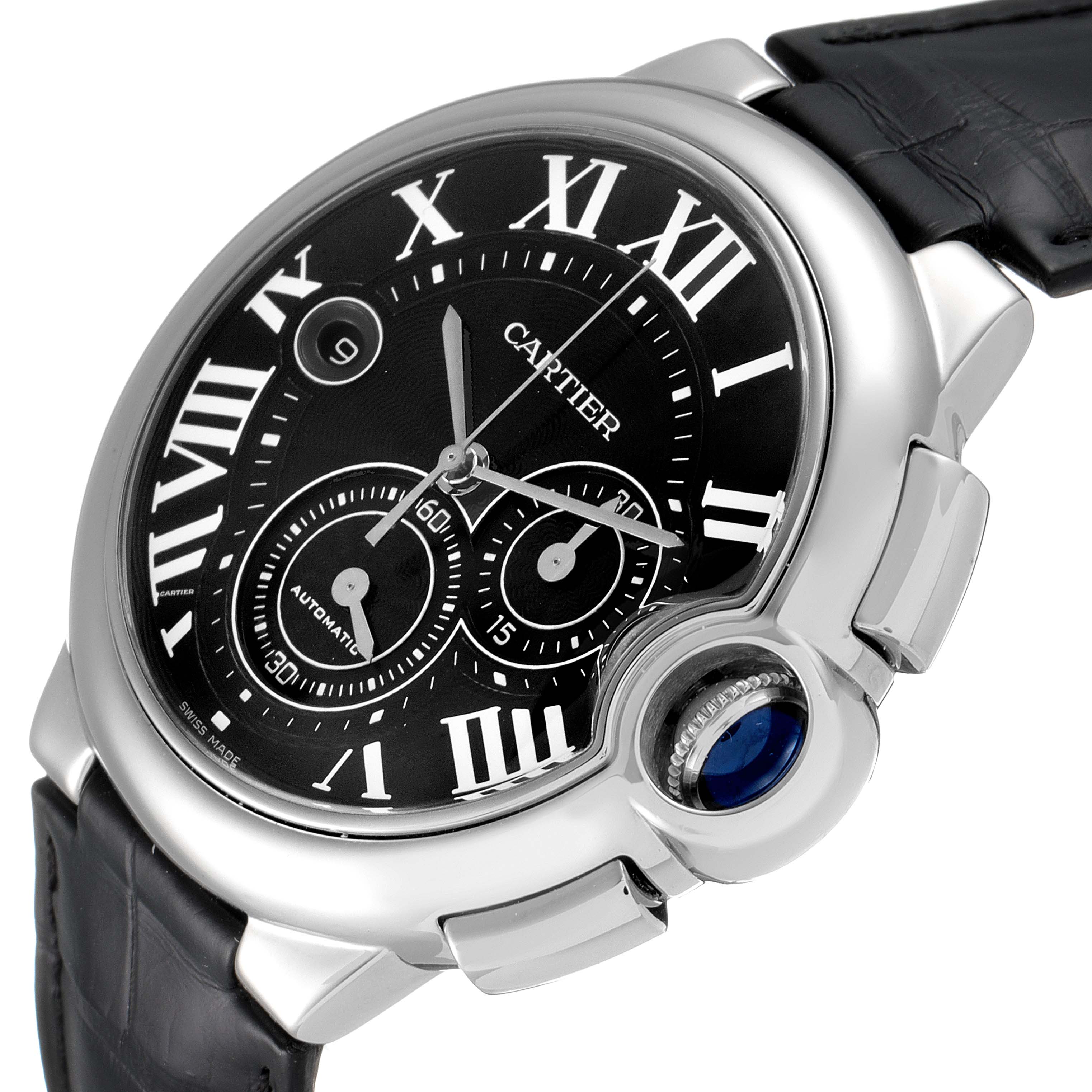 This image shows a Ballon Bleu Cartier watch from a slight angled side view, highlighting the dial, crown with cabochon, and leather strap.