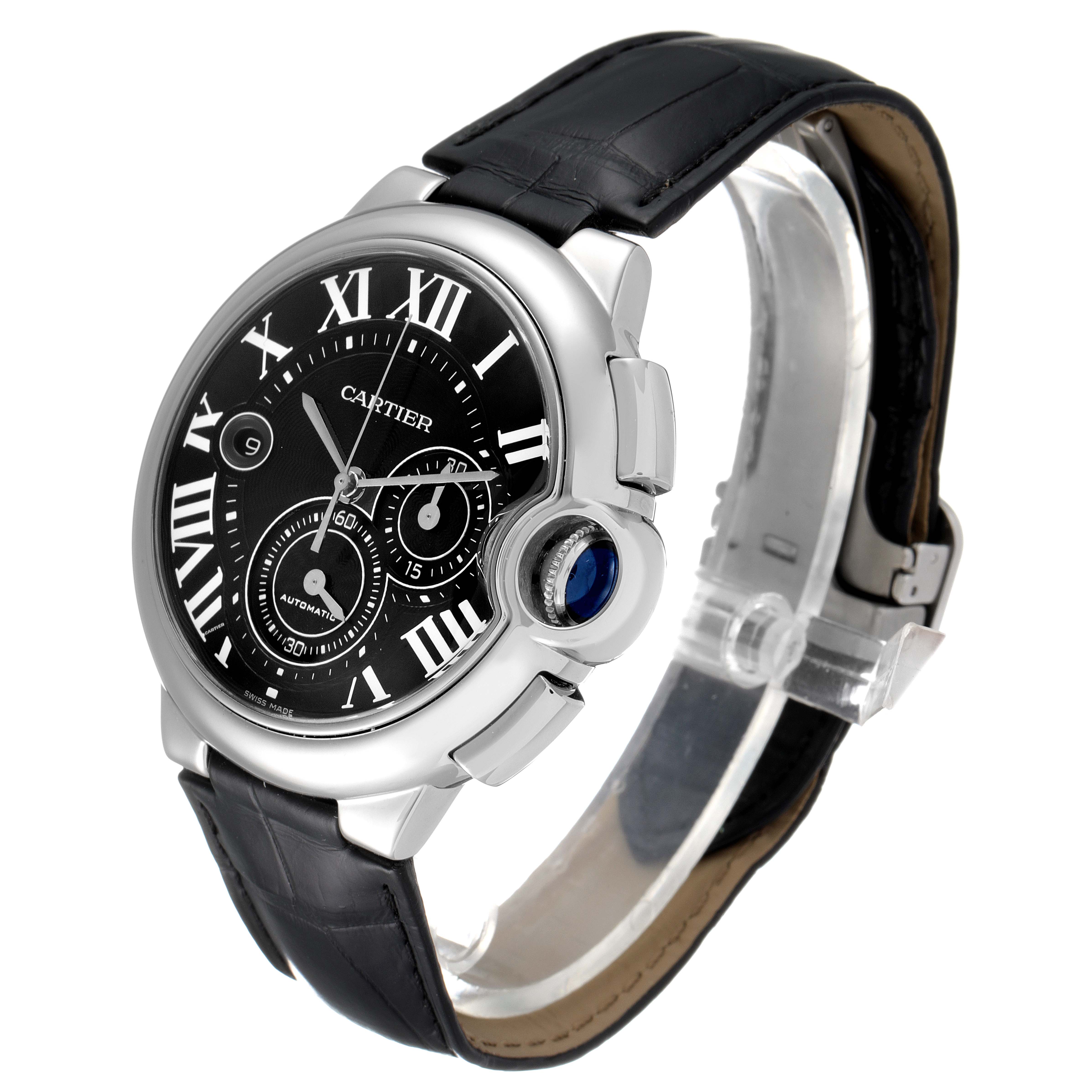 This image shows a Cartier Ballon Bleu W6920052 Men's Stainless Steel Black Dial W6920052 Men's Stainless Steel Black Dial watch from a three-quarter angle, highlighting the dial, bezel, crown, case, and strap.