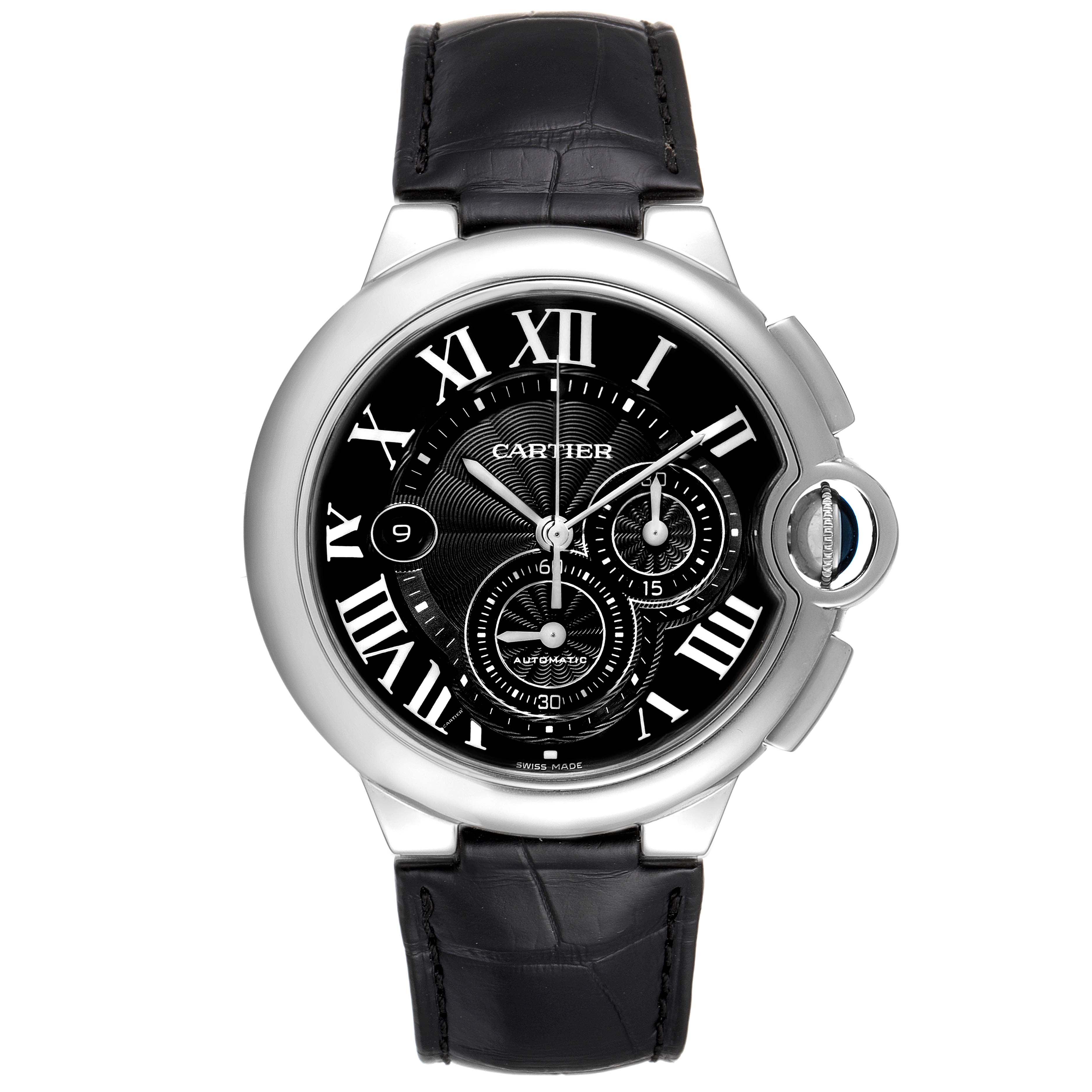 The image shows a front view of a Cartier Ballon Bleu W6920052 Men's Stainless Steel Black Dial W6920052 Men's Stainless Steel Black Dial model watch, highlighting the dial, hour markers, sub-dials, and leather strap.