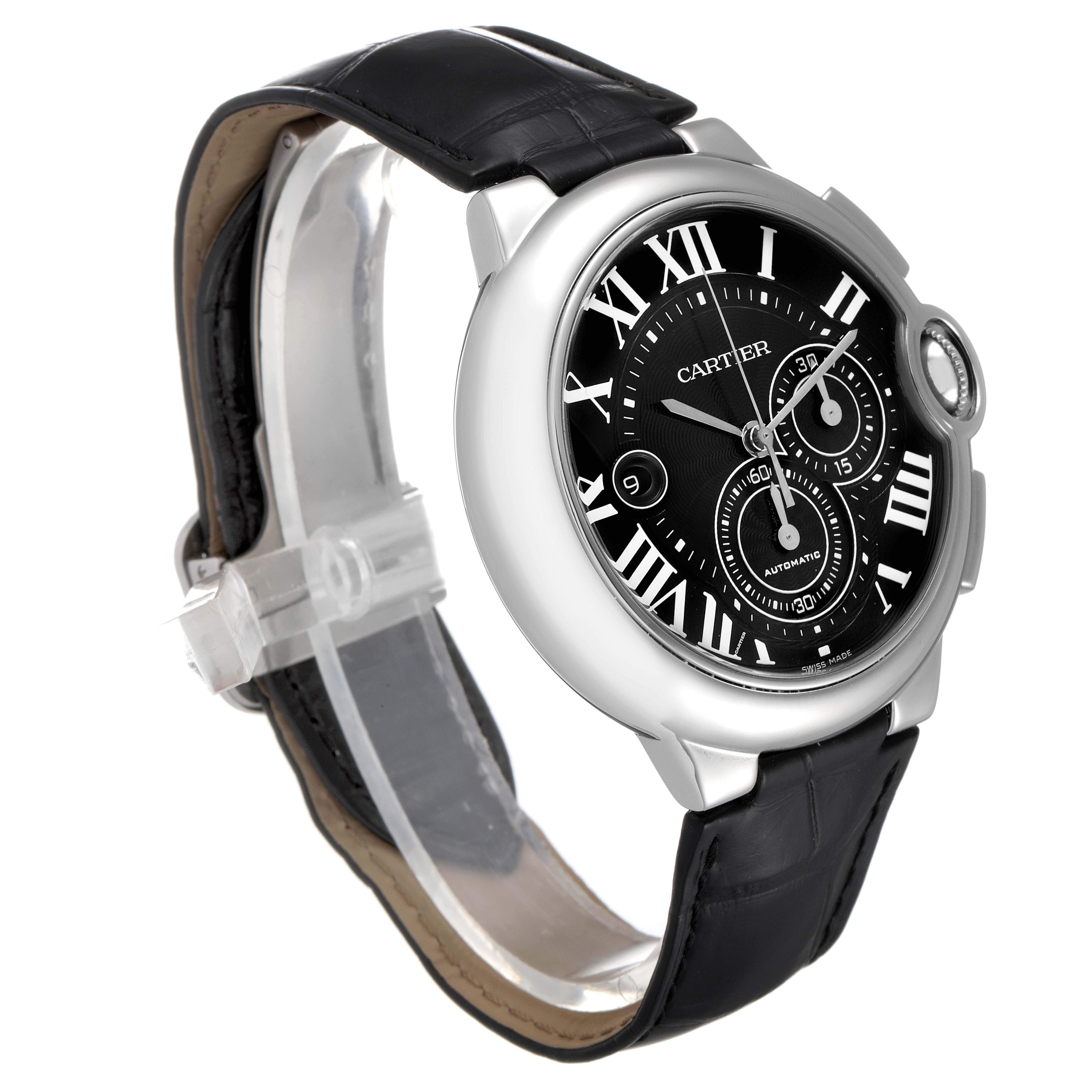 This image shows a side angle of a Cartier Ballon Bleu W6920052 Men's Stainless Steel Black Dial W6920052 Men's Stainless Steel Black Dial watch highlighting its black leather strap and black dial.