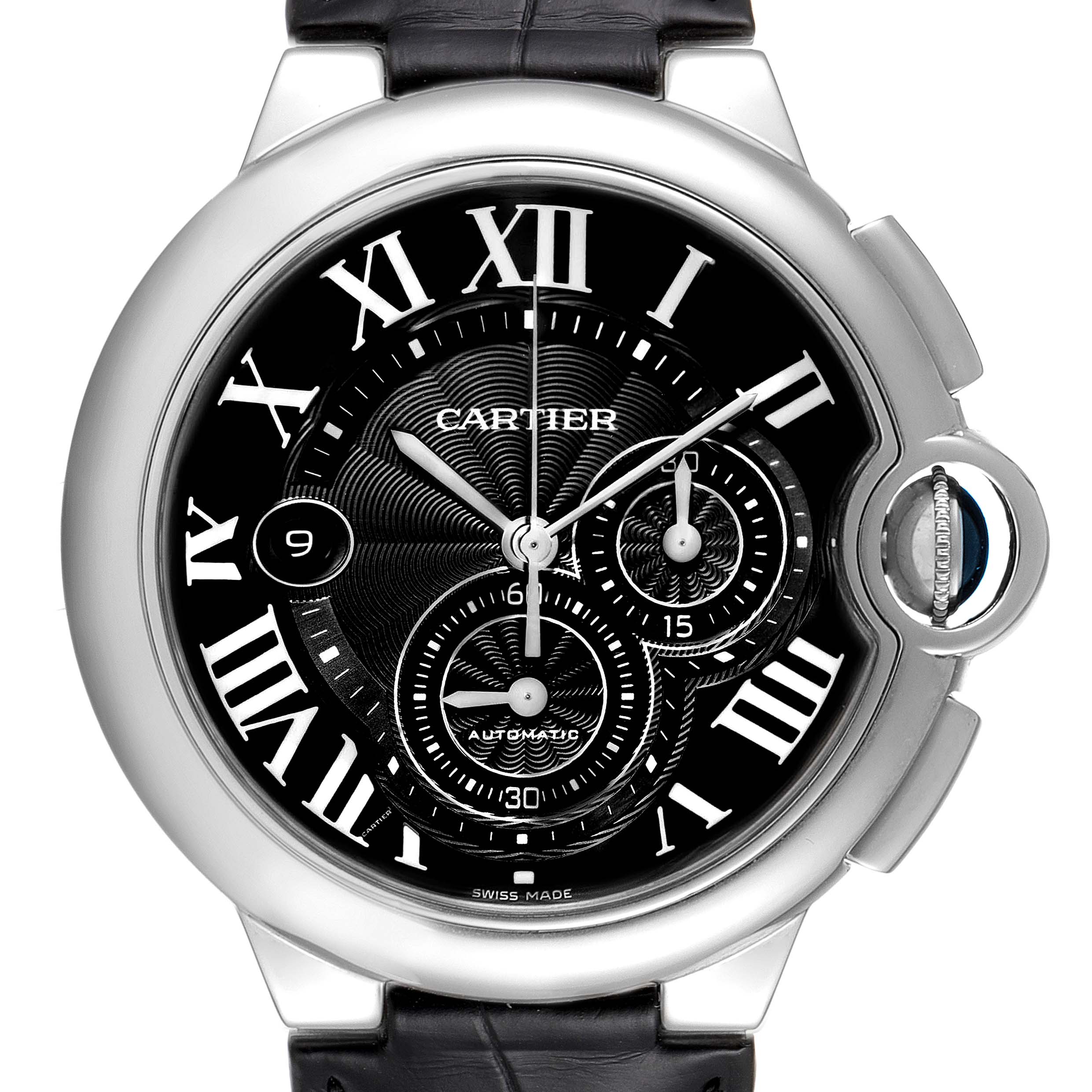 The image shows a frontal view of the Cartier Ballon Bleu W6920052 Men's Stainless Steel Black Dial W6920052 Men's Stainless Steel Black Dial watch, displaying the dial, hands, and Roman numeral hour markers.