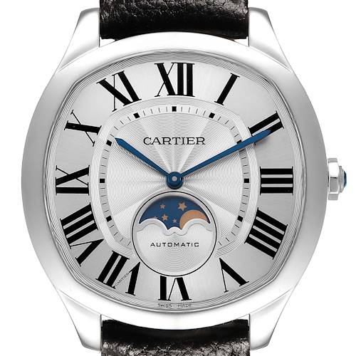 The Drive de Cartier watch is shown from the front, displaying its face, Roman numerals, blue hands, moon phase, and leather strap.