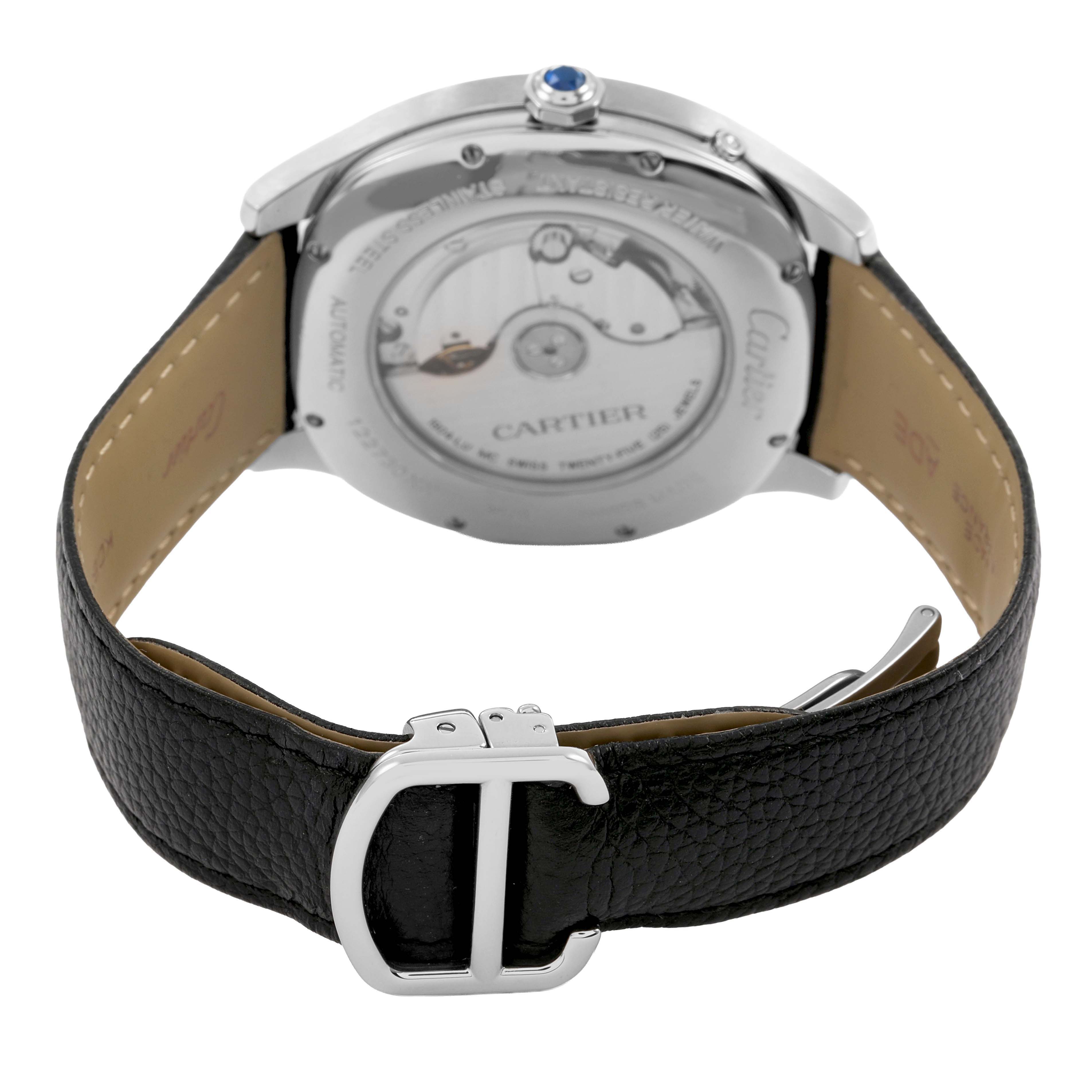 The image shows the back view of a Drive de Cartier watch, featuring the movement and black leather strap with a buckle.