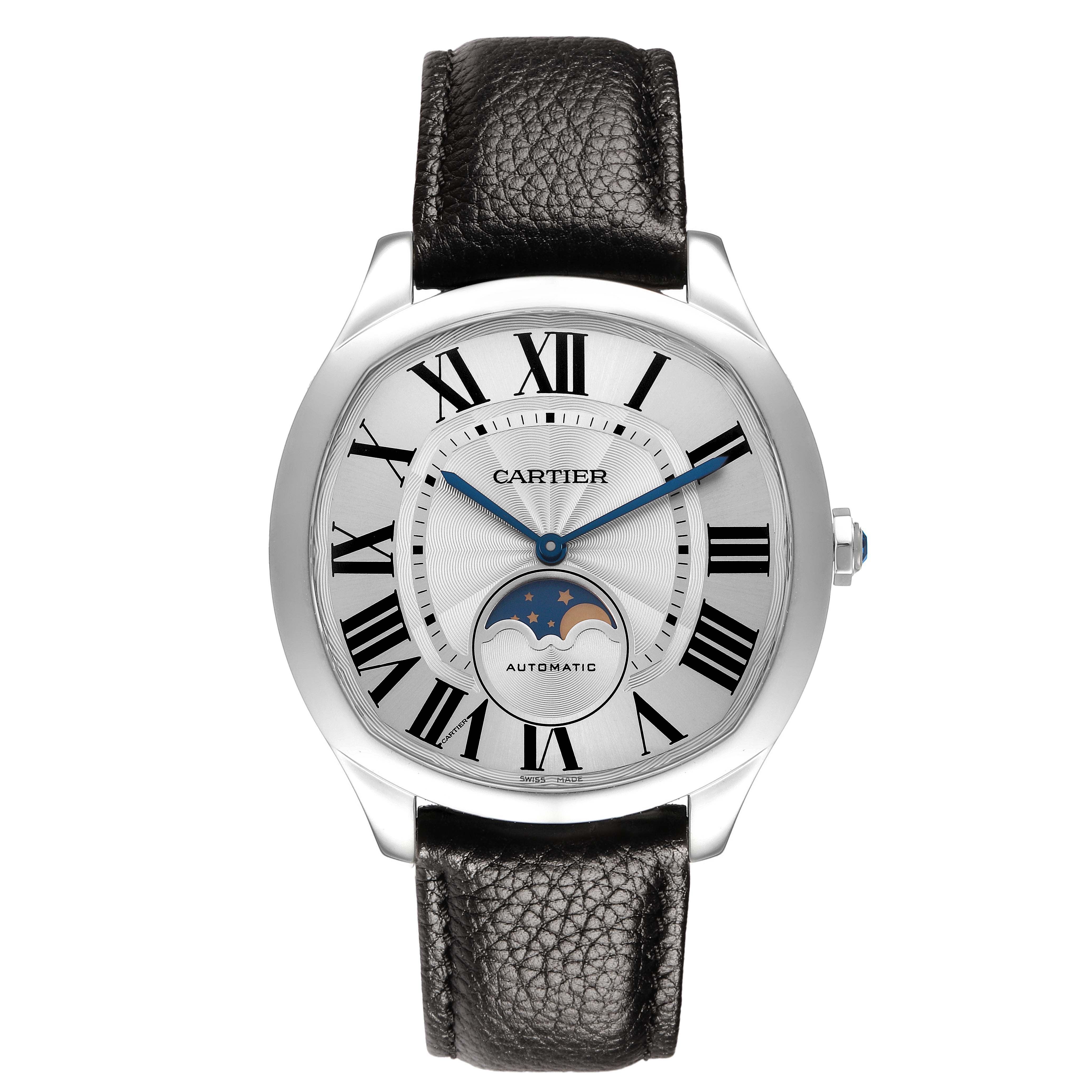 The Drive de Cartier watch is shown from the front, featuring its dial, Roman numerals, moon phase, and leather strap.