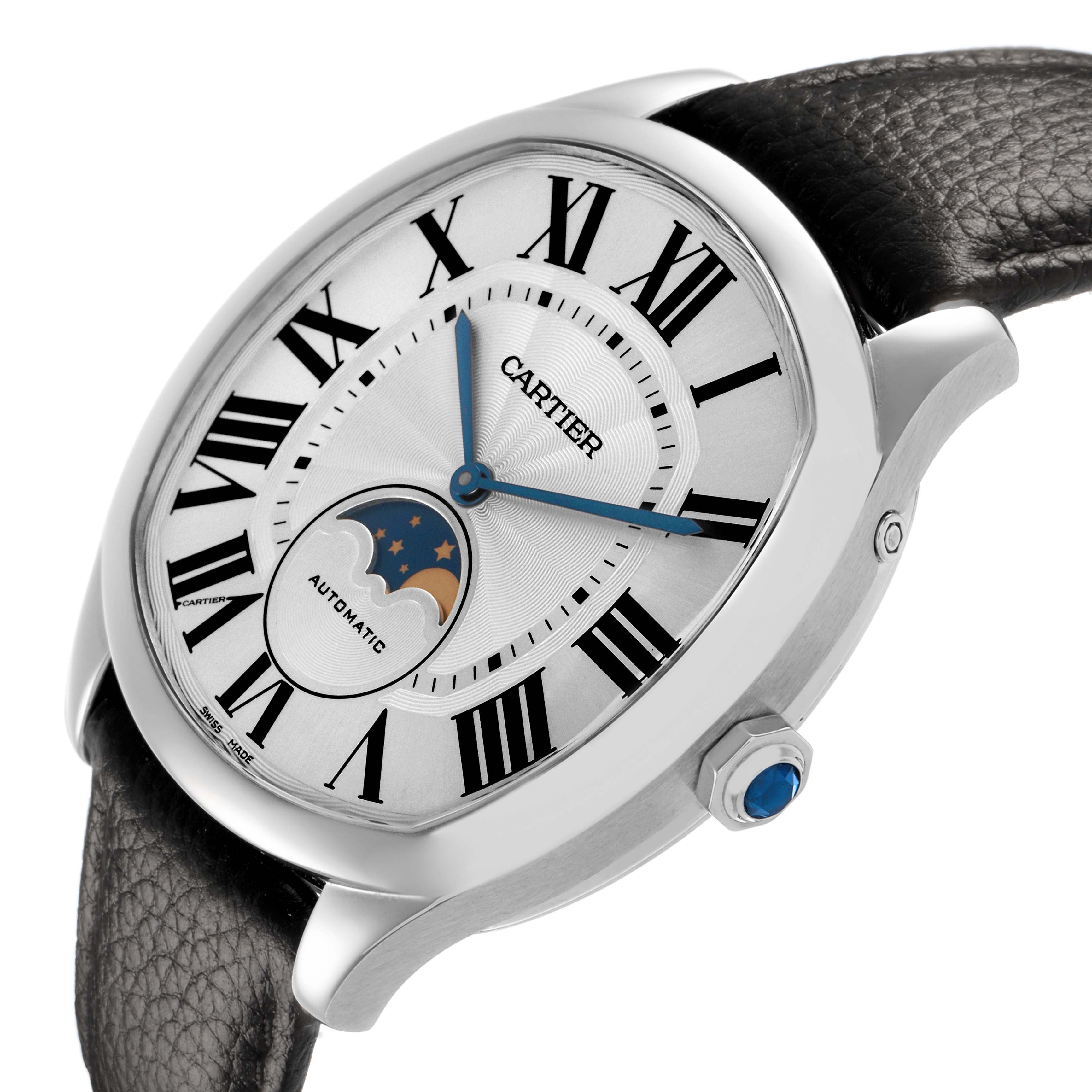 The Drive de Cartier watch is shown at a three-quarter angle, highlighting its face, Roman numerals, and moon phase feature.